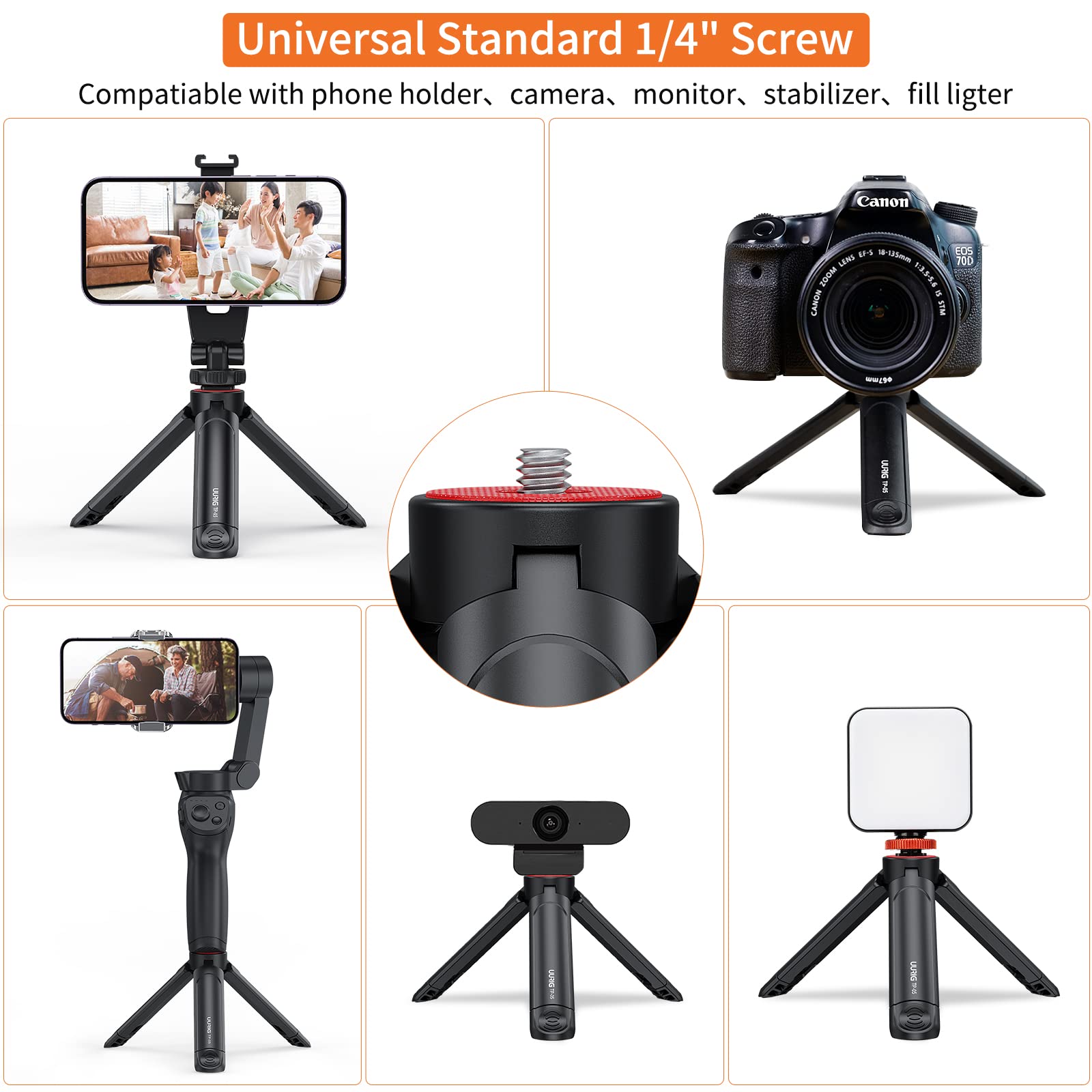Vrig Express Uurig Tp05 Extendable Mini Camera Tripod, Portable Selfie Stick Handle Grip Desktop Webcam Tripod With 1/4" Screw For Dslr Camera Webcam Phone Holder Selfie Stick Vlog Tripod