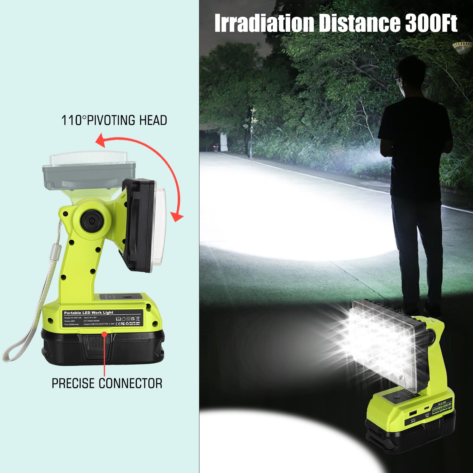 Philophca 18V Light Compatible With Ryobi 18V Battery,18W 2000Lm Spotlight With Usb Port, Zinc Alloy 110 Degree Pivoting Head, Led Work Light Floodlight Spotlight