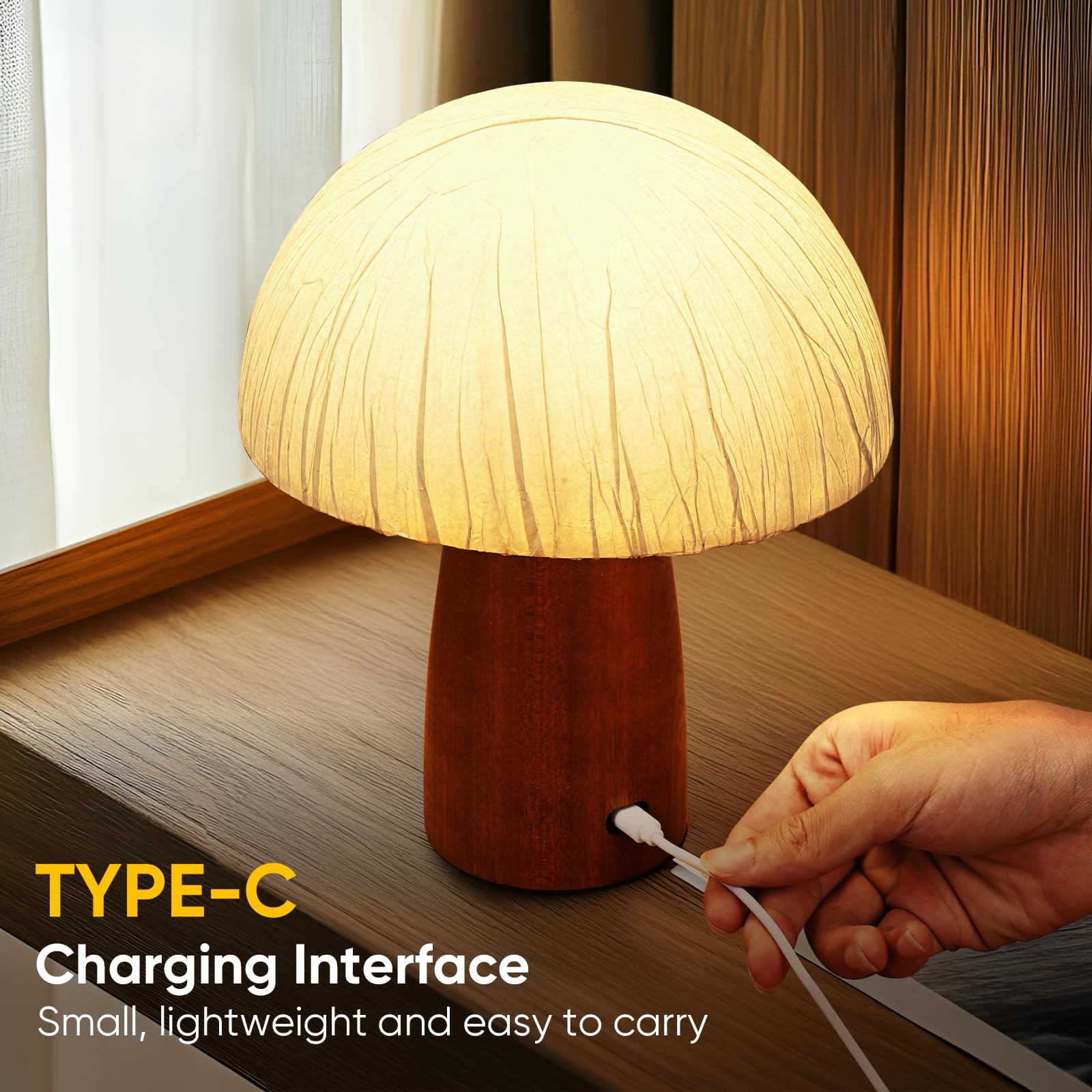 Moiandtoi Wood Mushroom Table Lamp, Led Small Bedside Touch Lamp, Rechargeable Portable Cordless Battery Operated Lamps For Night Stands Living Room, Bedroom,Office, Night Light For Birthday