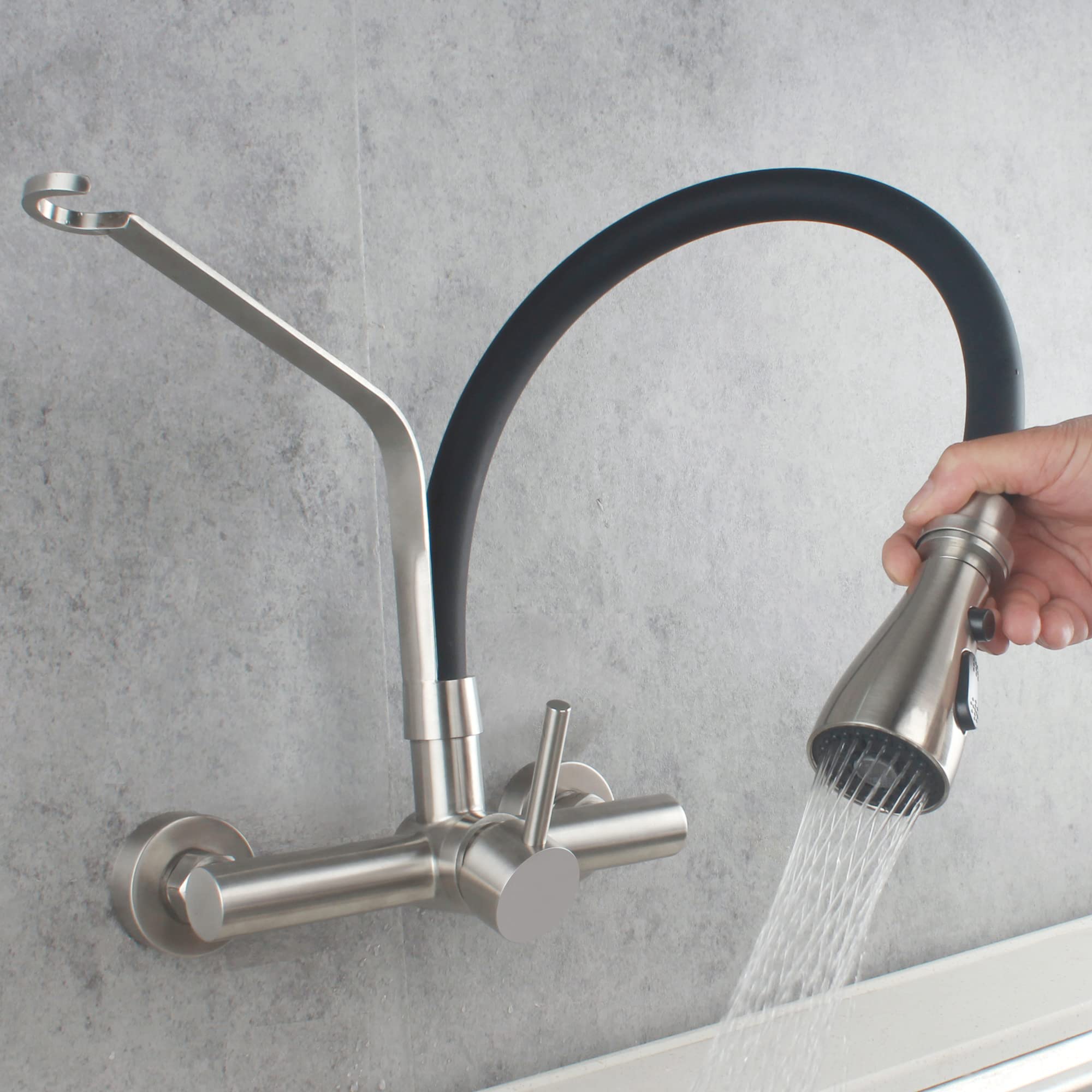 Umanyi Wall Mount Commercial Kitchen Faucet With Pull Down Sprayer 8 Inch Center Stainless Steel Brush Nickel Restaurant Laundry Utility Sink Faucet 3 Functions Lead- Sskf17-2Dc