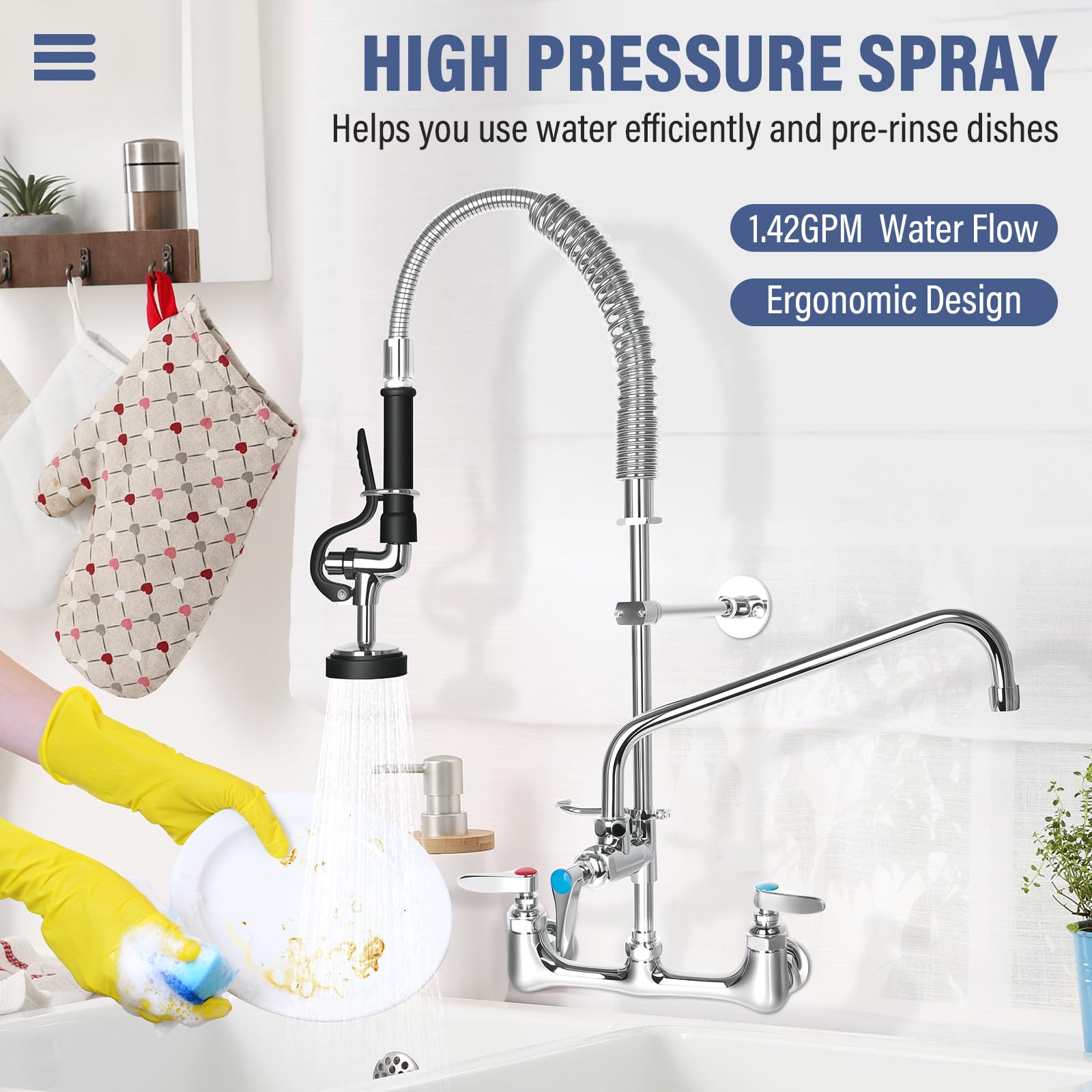 Xeoca Commercial Faucet With Pre-Rinse Sprayer 8" Adjustable Center Wall Mount Kitchen Faucet 12" Swivel Spout 25" Height Compartment Sink Faucet Lead- Brass For Home And Industrial Restaurant