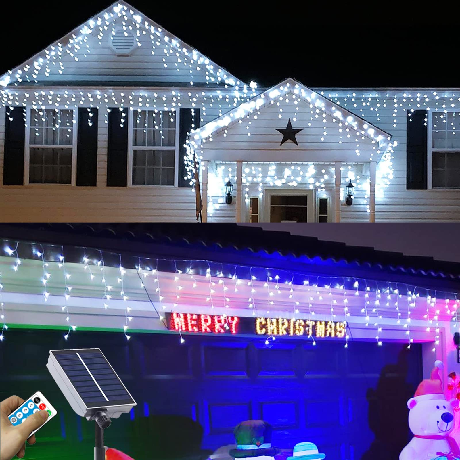 Neoclassy Solar Christmas Icicle Lights,304 Led Outdoor Christmas Decorations 8 Modes Waterproof Solar Icicle Lights For Patio Yard Garden Wedding Party House Xmas Tree Roof Decorations(Cool White)