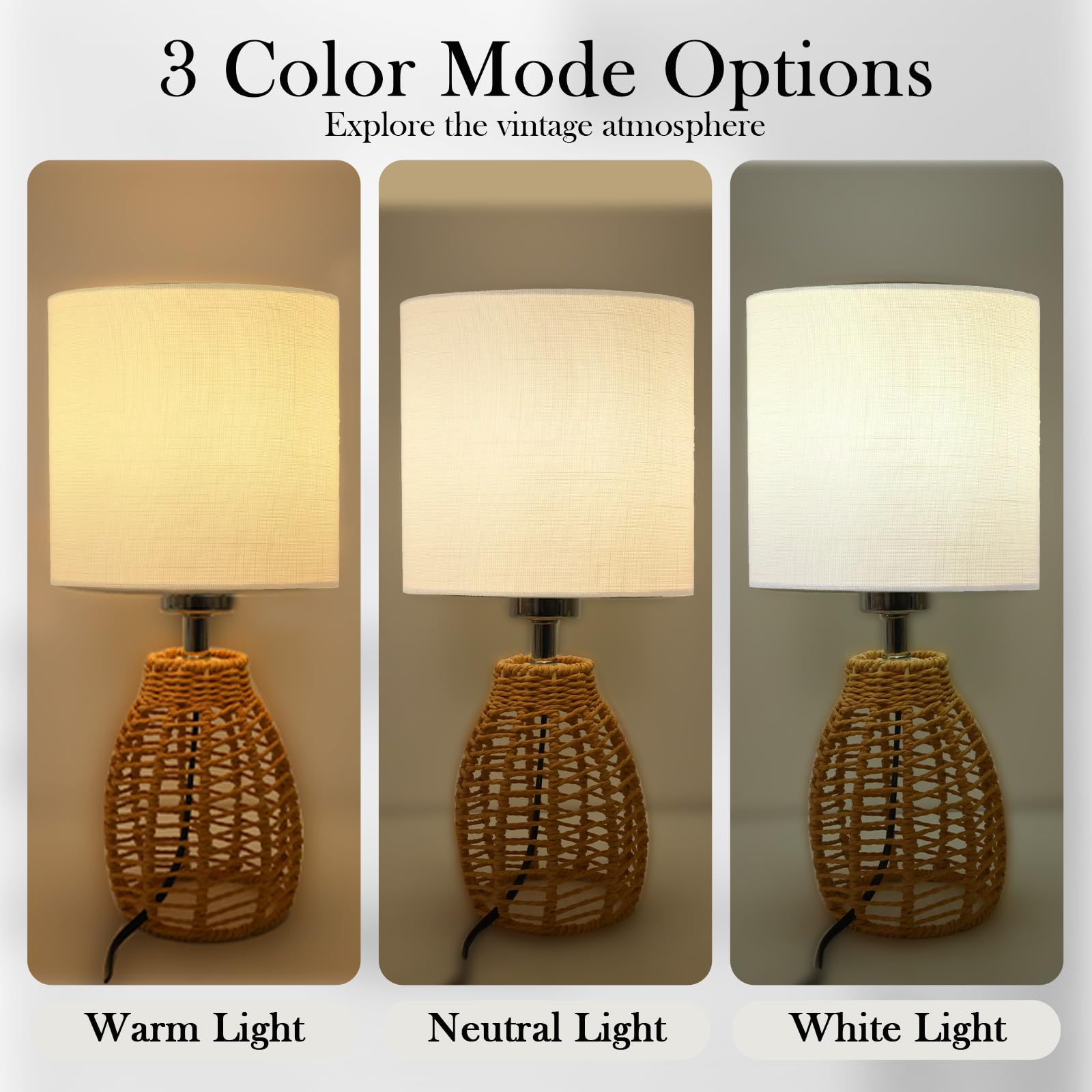Haiifaz Small Rattan Table Lamp, 3 Color Temperature Boho Bedside Lamp Handmade Woven Wicker Nightstand Lamp Coastal Light With Beige Fabric Shade For Living Room Bedroom Office (Natural)