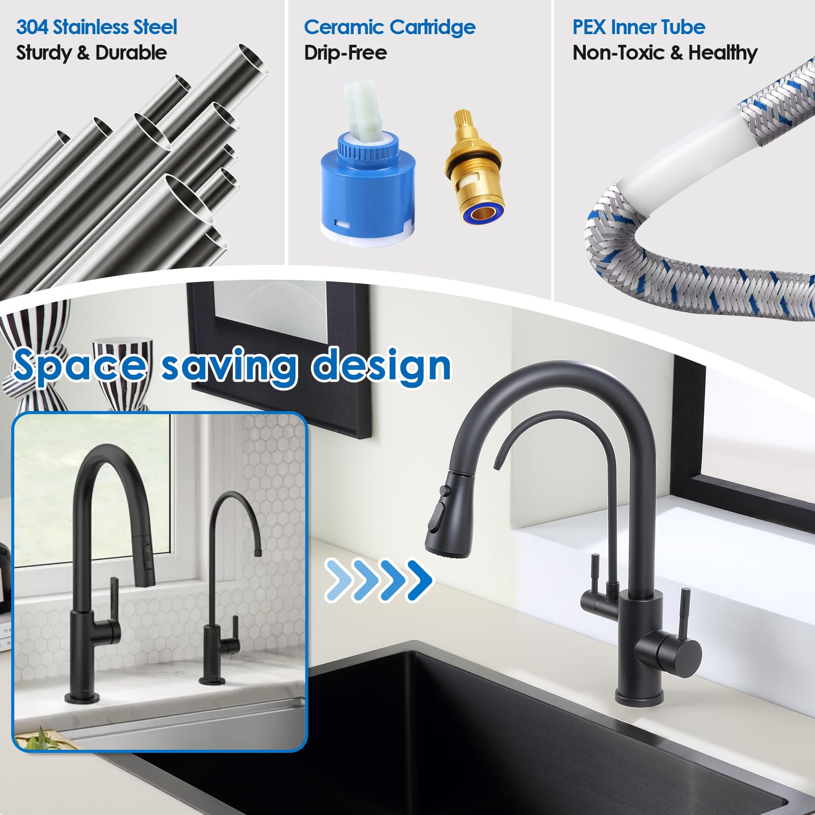 Rovogo Kitchen Faucet With Filtered Water Spout And Pull Down Sprayer, Dual Handle High Arc Kitchen Faucet With Drinking Water Spout For Water Filtration System, Stainless Steel, Black
