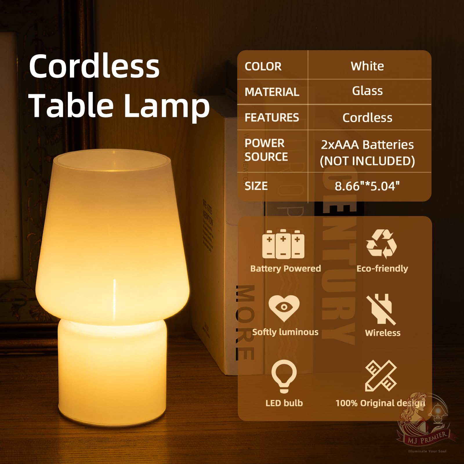 Mj Premier Battery Operated Lamp, Mushroom Lamp Home Decor, Cordless Table Lamp With Led Bulb For Power Light, Decorative Lamps For Living Room Kitchen Bedroom (Cream White)