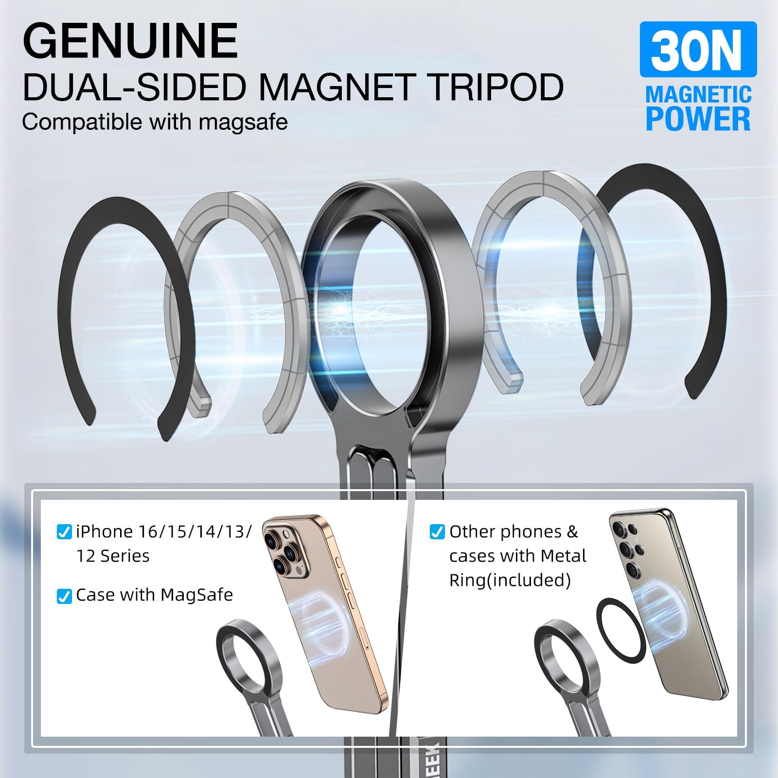Camolo Geek Magnetic Phone Tripod Stand Compatible With Iphone 16 15 14 13 12 Magsafe - Aluminium Smartphone Mini Tripod Pocket Cell Phone Stand Dual-Sided Magnet Quick Mount