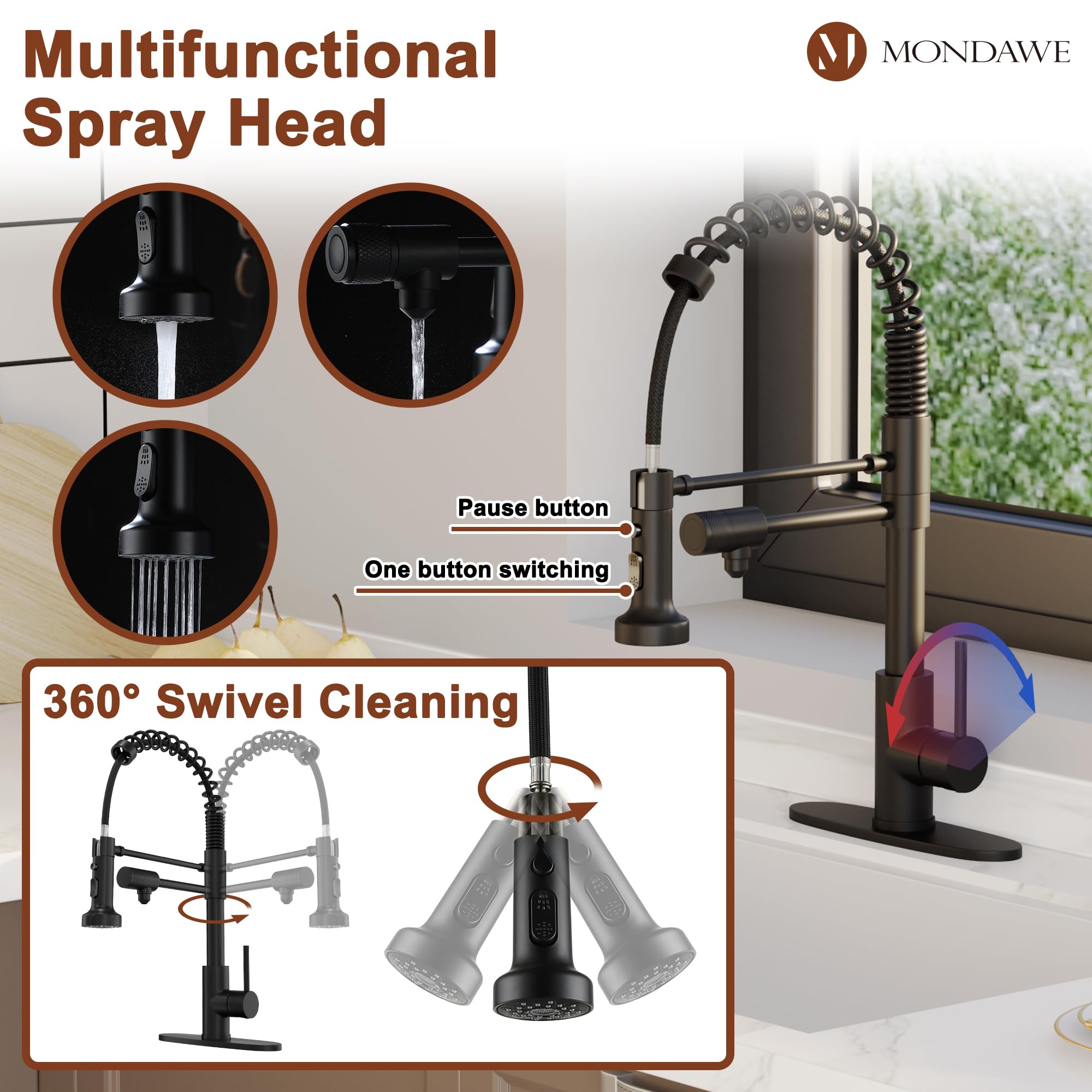 Mondawe 3 Way Spring Kitchen Faucet With Water Filter Faucet Solid Brass Single Handle Kitchen Sink Faucet With Pull Down Sprayer For Counter, Drinking Water Spout, Matte Black