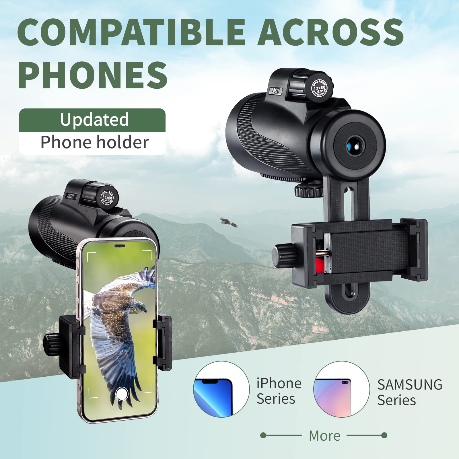 Gosky Titan 12X50 Monocular Telescope With Smartphone Holder - Waterproof Fog-Proof Shockproof Scope Bak-4 Prism Fmc For Bird Watching Hunting Camping Traveling Wildlife Scenery