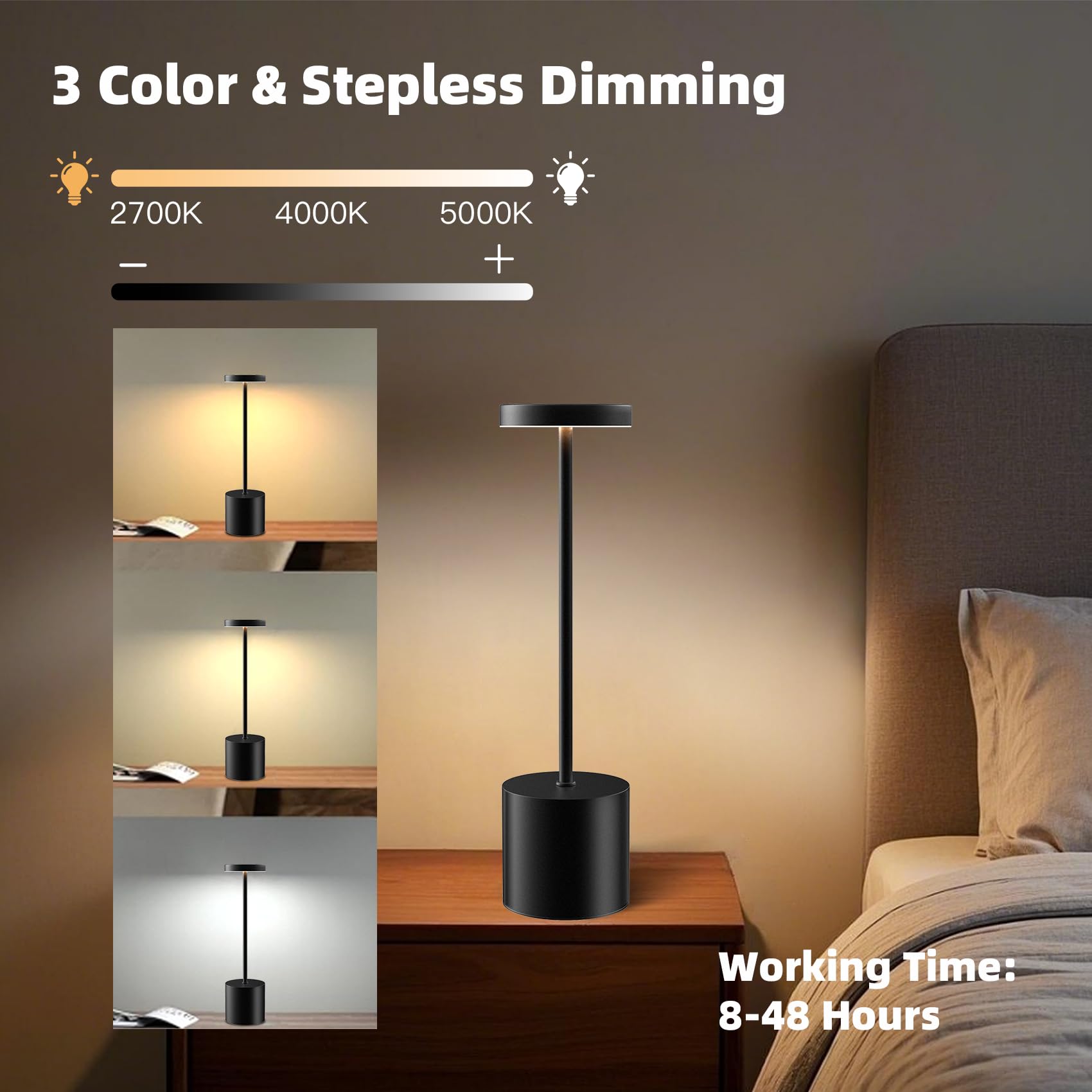 Liaycco Led Cordless Table Lamp - 5000Mah Rechargeable Dimmable Desk Light With 3 Modes, Outdoor Battery Operated Table Light (Black 1Pk)