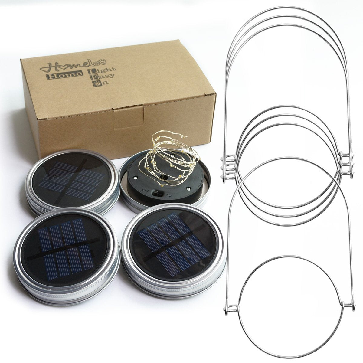 Homeleo 4 Pack Wide Mouth Mason Jar Solar Led Lights Insert Screw With Hangers, Warm White Waterproof Solar Fairy Lights For Outdoor Garden Decor Christmas Holiday Wedding Party(Jars Not Included)