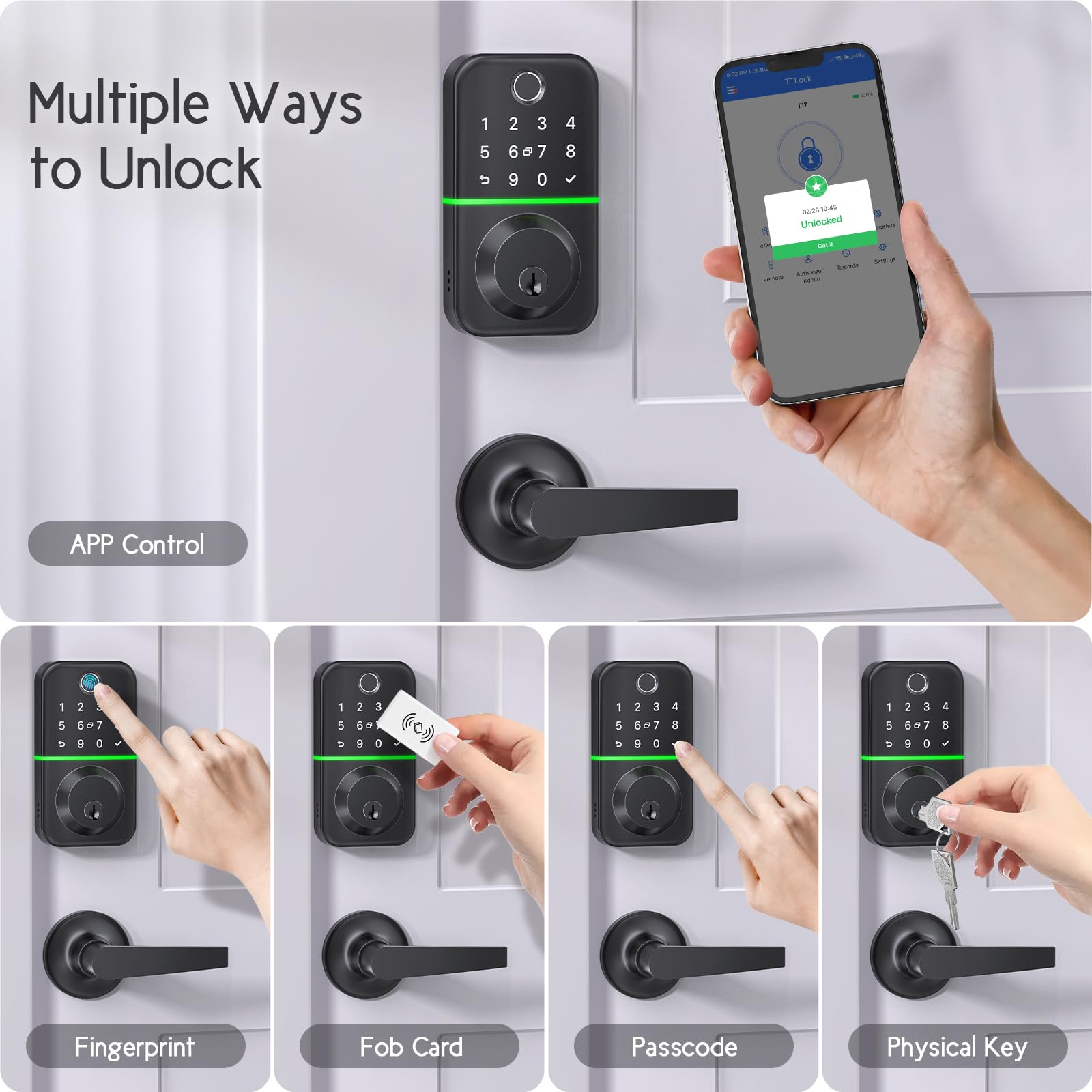 Wisegear Keypad Handle Set Smart Lock - Fingerprint Deadbolt With 2 Levers - App Controlled Keyless Entry - Waterproof & Electronics