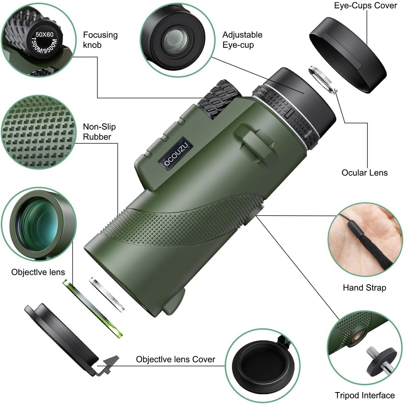 Ocouzu  40X60 Monoculars For Adults High Powered With Smartphone Adapter & Tripod,High Magnification Scope Monocular For Long Range Bird Watching/Hunting/Race Cars/Hiking