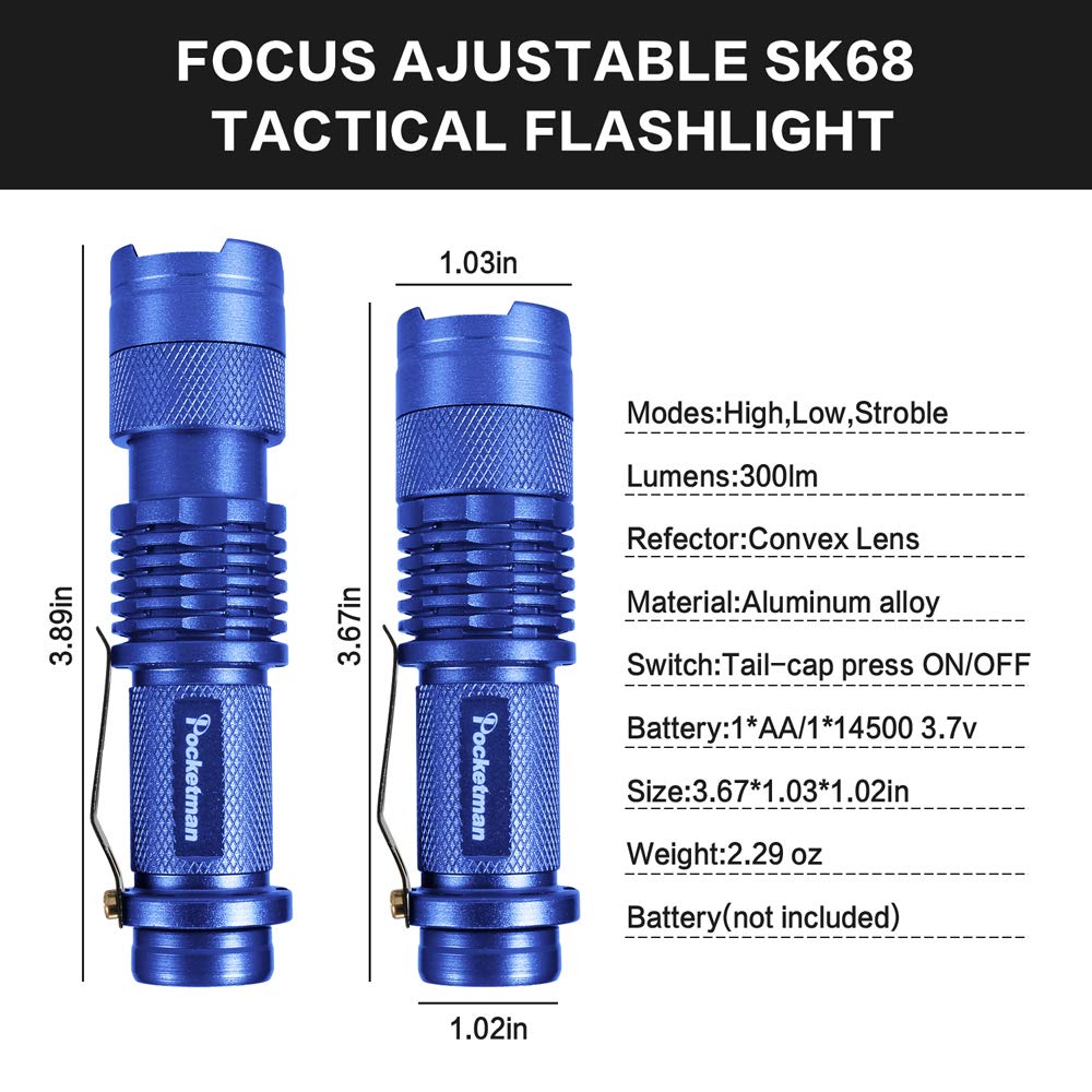Modoao 5 Pack Led Mini Flashlights 7W 300Lm Sk-68 3 Modes Led Utility Flashlight For Camping Hiking Emergency (Blue)