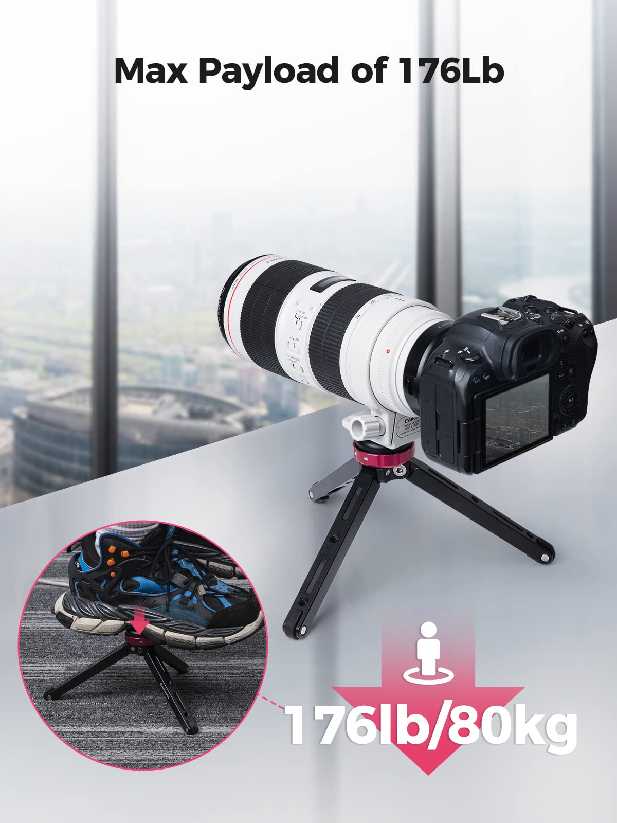 Moman Mini Camera Tripod, Tabletop Short Tripod Desktop Tr01 With 1/4 And 3/8 Screw Mount And Function Leg Cnc Aluminum Tripod For Dslr Camera/Gopro/Video/Camcorder, Max Payload Of 176 Lbs/80Kg, Red