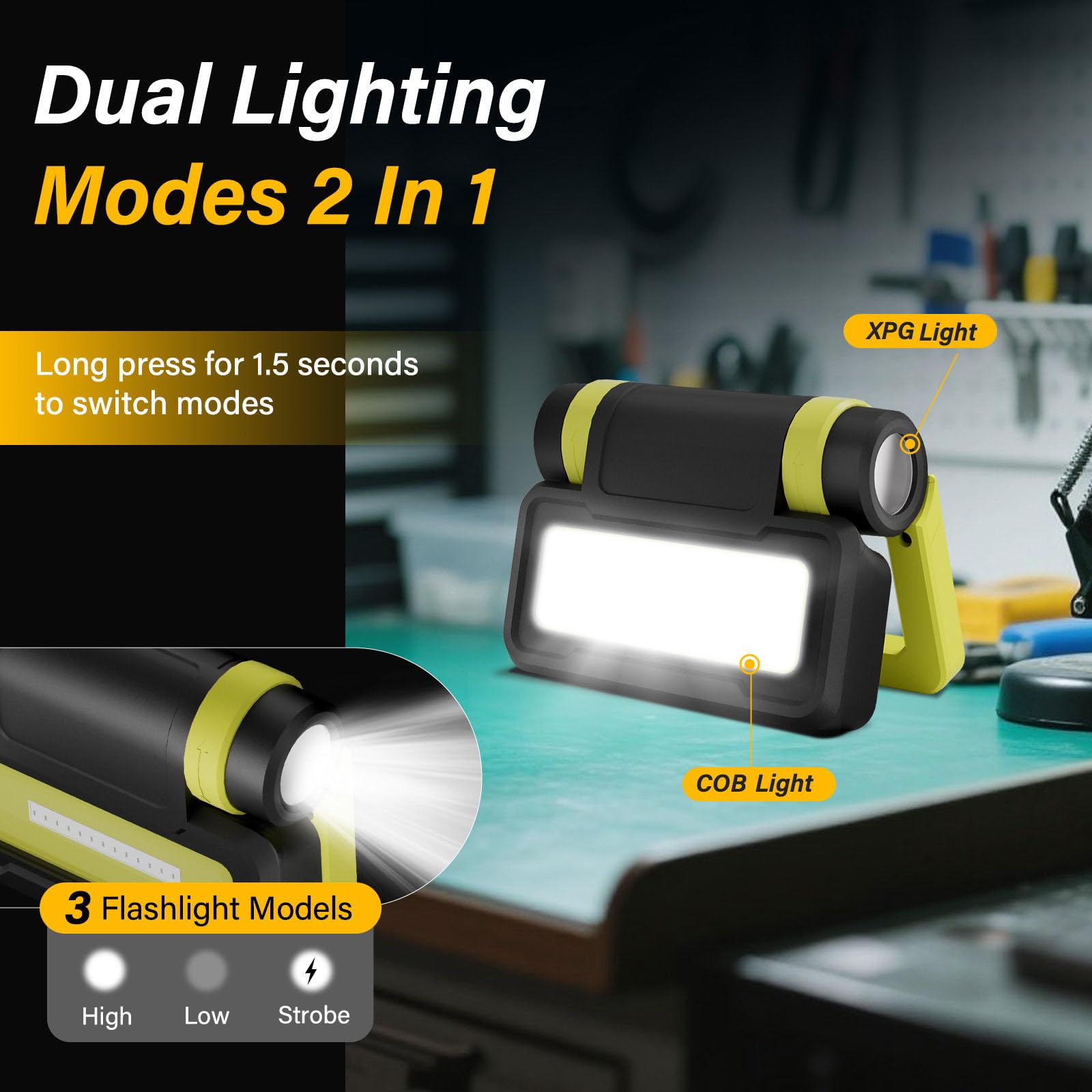 Tremdwoto Led Work Light, Flashlight With Cob Camping Lantern, 1000Lm Magnetic Flashlight, 200°Foldable, 5+3 Modes, Rechargeable Waterproof Handheld Flashlights For Camping, Home, Car Repair, Emergency, Fishing