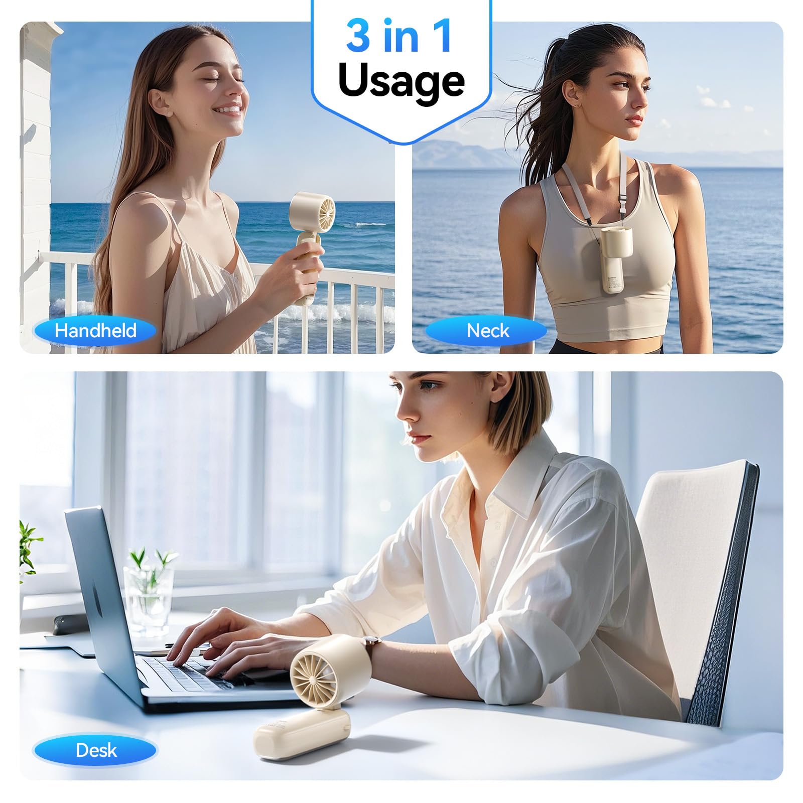 Aristide rechargeable handheld fan with 6000mAh battery, offering 13.5 hours of cooling power for personal comfort