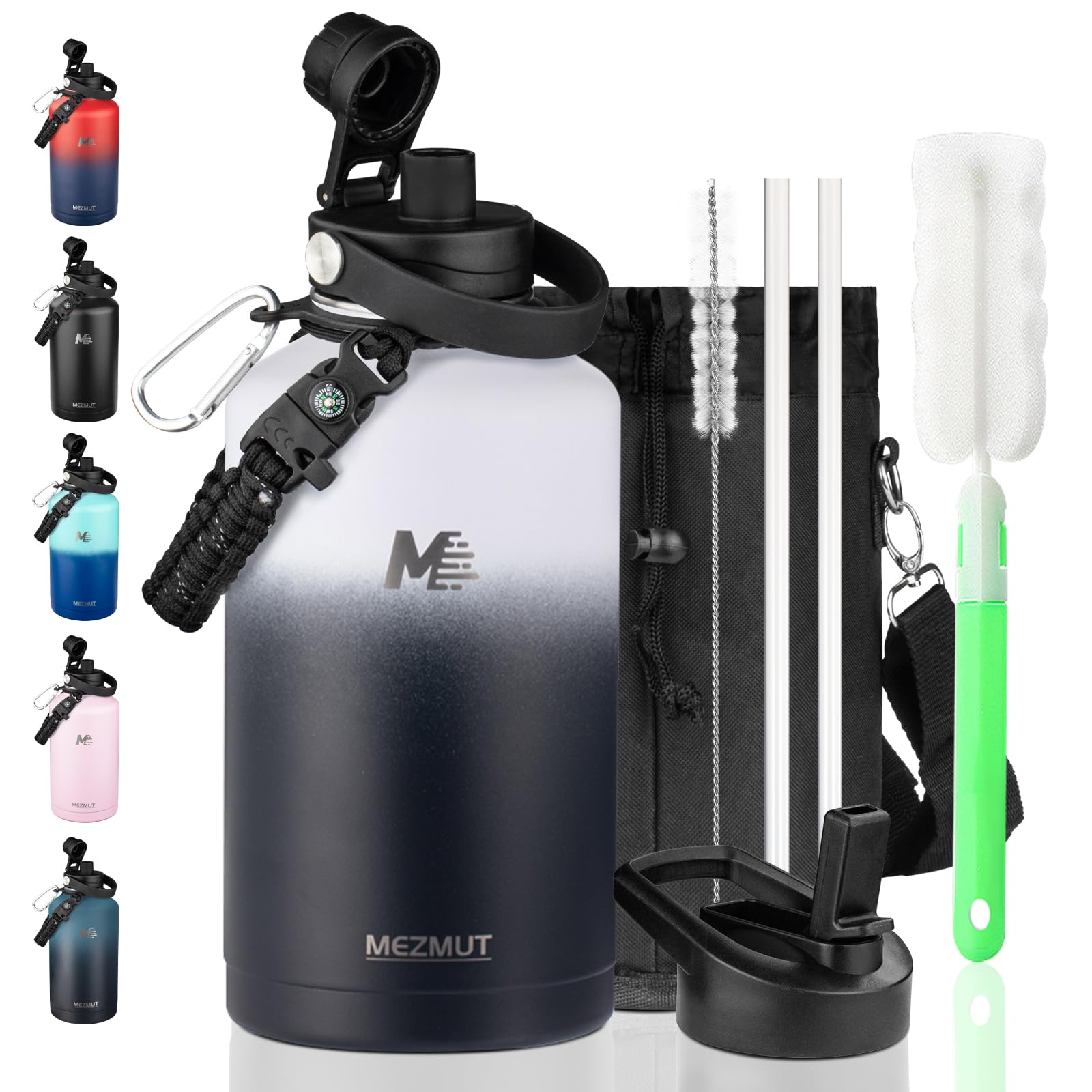 Mezmut 64Oz Insulated Water Bottle With Paracord Handle,Half Gallon Water Bottle Jug With Straw