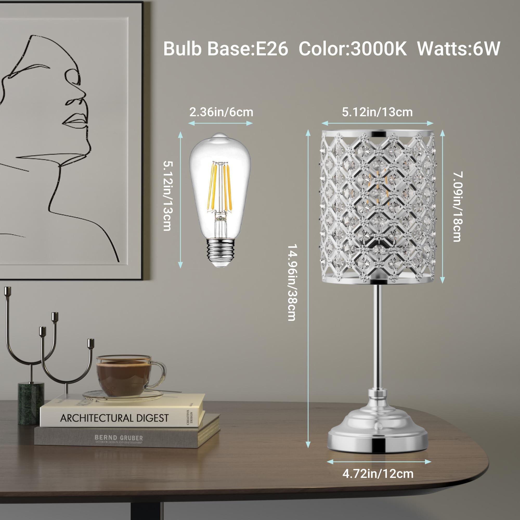 Irotine Cordless Crystal Table Lamp With Dimmer, Built-In Rechargeable Battery Powered Table Lamp For Dining Room, Bedroom, Bedside, Restaurant, Bar (Chrome)