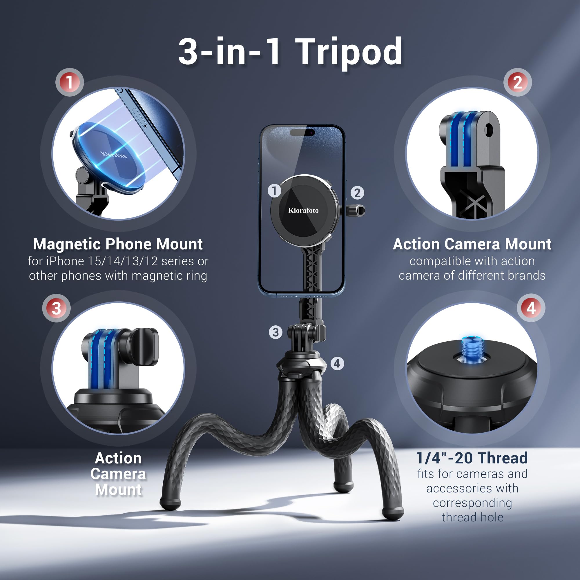 Kiorafoto Extended Magnetic Flexible Tripod For Iphone, Height & Angle Adjustable Bendable Octopus Tripod Cellphone Stand For Magsafe & Android & Compact Camera & Gopro Travel Selfie/Vlogging/Video Recording
