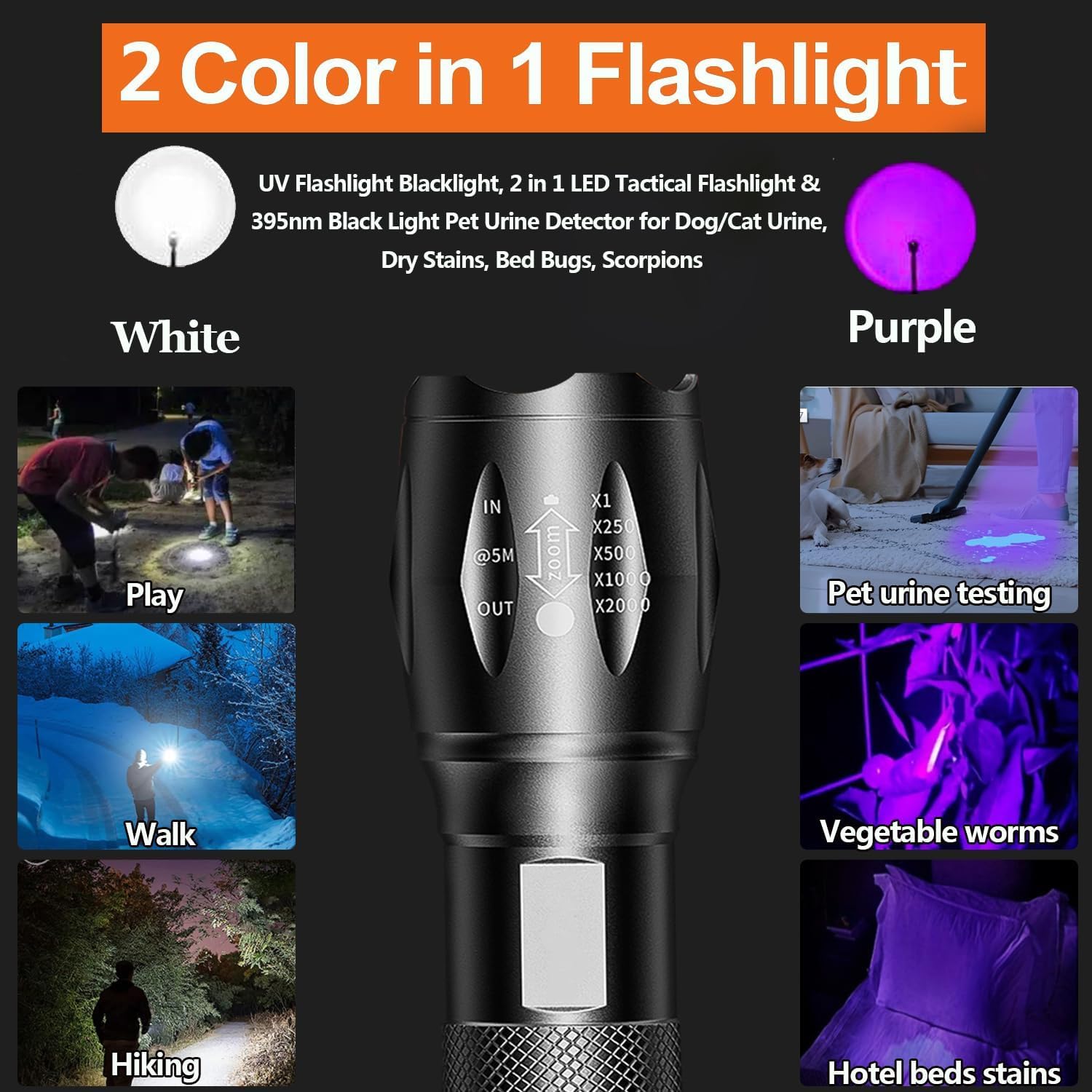 Mviocs Uv Flashlight, Portable Blacklight Flashlight, Led Torch With White And Uv Light Combo, Black Light Pet Urine Detector For Dog/Cat Urine, Dry Stains, Scorpions Finder, Bed Bug, Outdoor