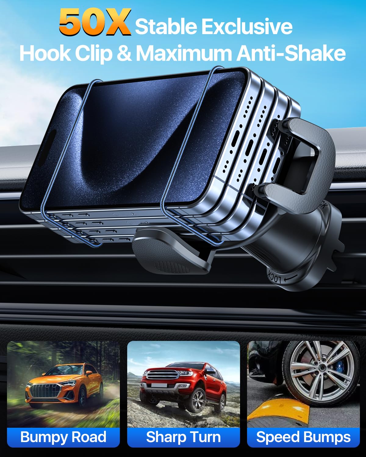 Htu 【Military-Grade】 Car Phone Holder,【Strongest & Longest Steel-Hook】 Car Vent Mount, Hands 360° Adjustable Automobile Cradle Air Clip Stand For Iphone 16 15 14 13 12 Pro Max Samsung (Dark Grey)