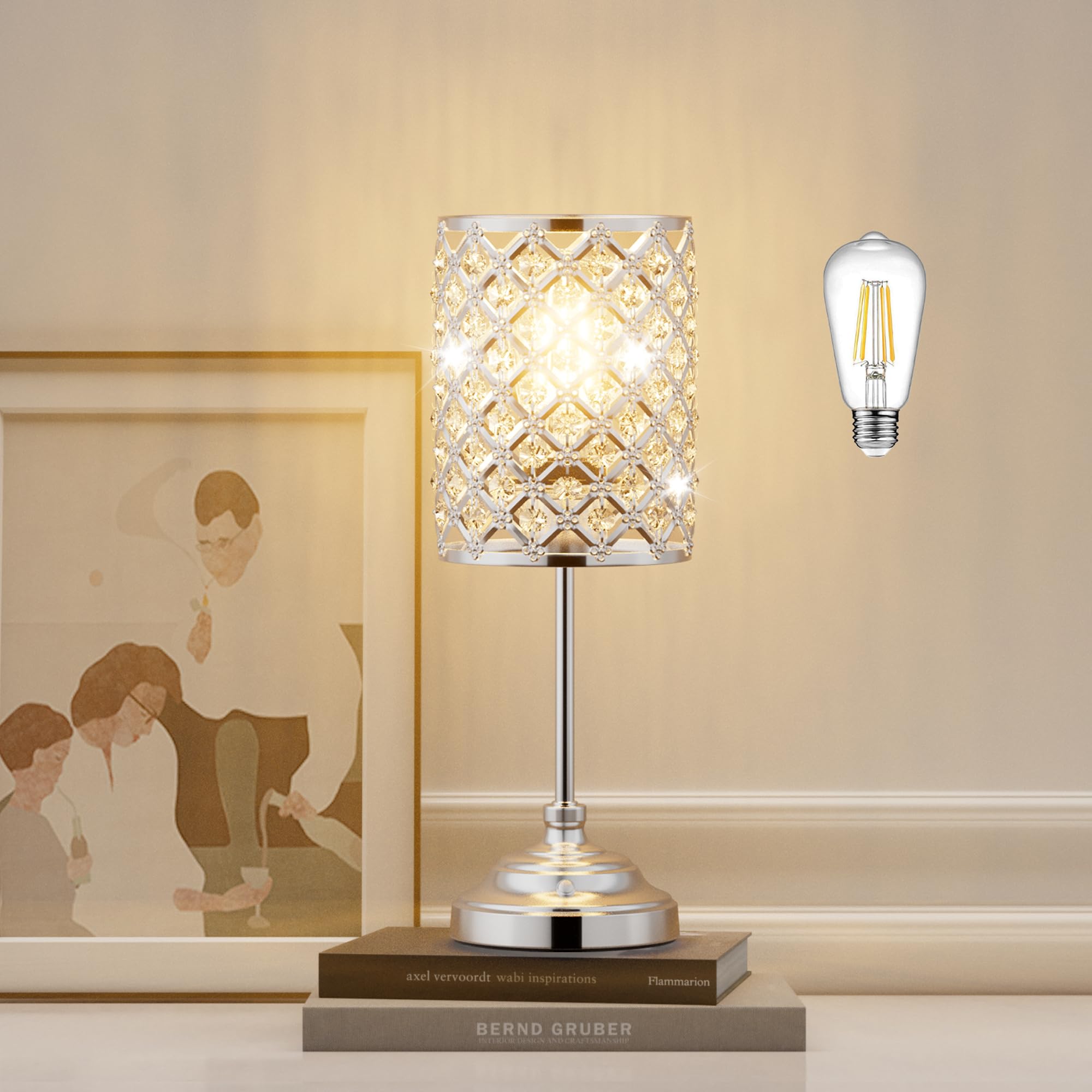 Irotine Cordless Crystal Table Lamp With Dimmer, Built-In Rechargeable Battery Powered Table Lamp For Dining Room, Bedroom, Bedside, Restaurant, Bar (Chrome)