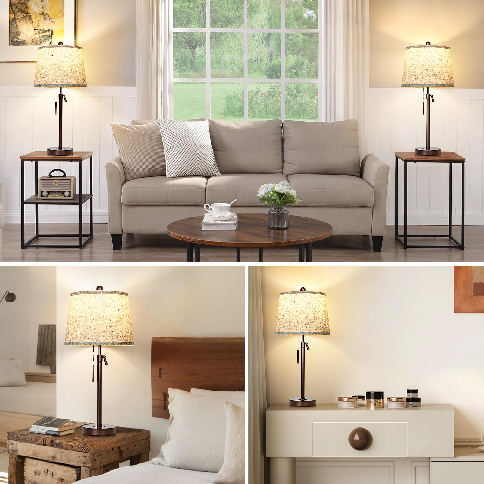 Junnai Table Lamps Set Of 2, 22" To 30"Adjustable Height Bedside Lamps For Living Room 3 Color Temperatures Tall Nightstand Lamps Modern Brown Table Lamp For Bedroom Office End Table (Bulbs Included)