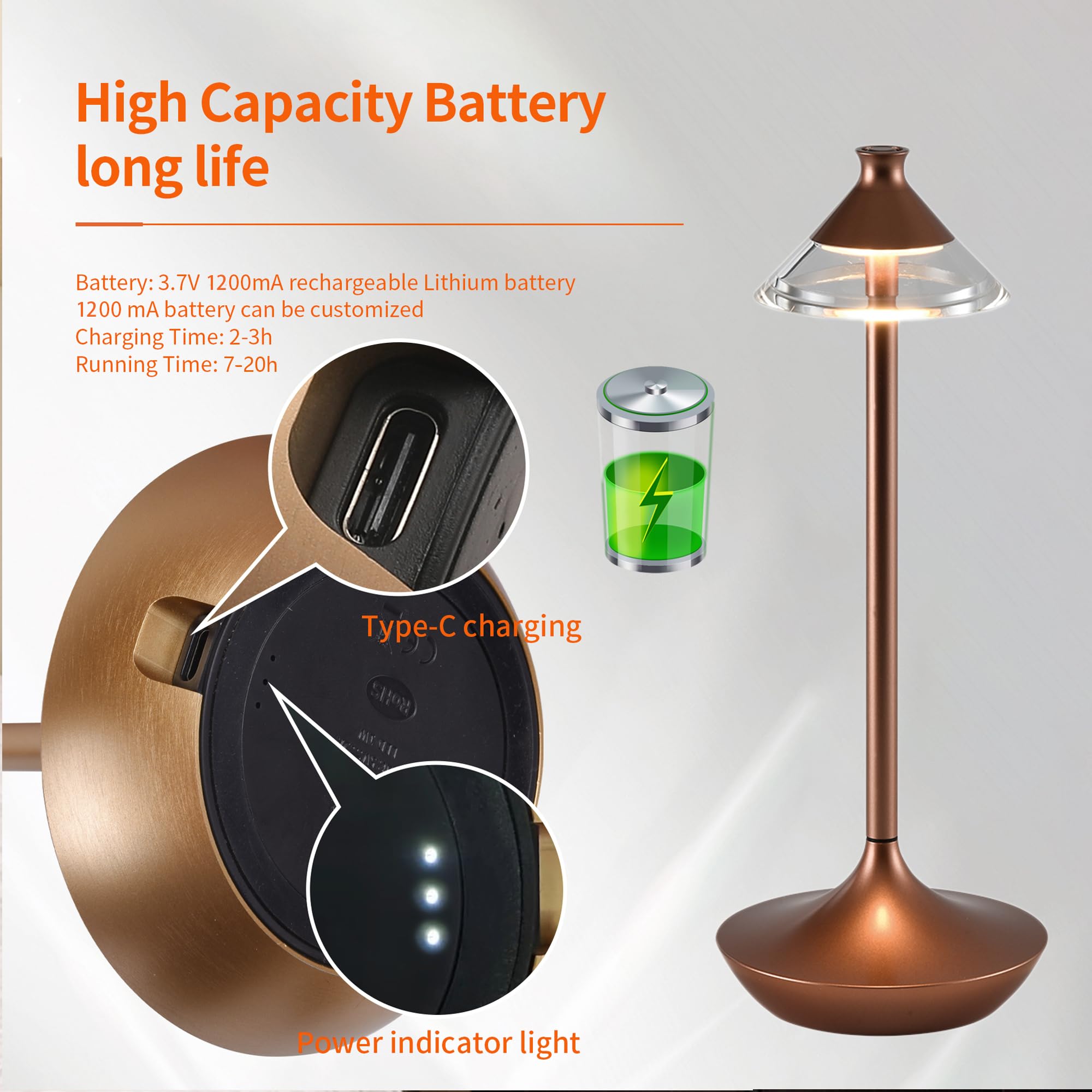 Atvsalf Rechargeable Cordless Touch Lamps,Battery Powered Lamp 3 Level Dimmable Table Lamp In Aluminium 3000K Rose Gold Touch Lamps For Bedroom/Bedside Lamp/Desk-004