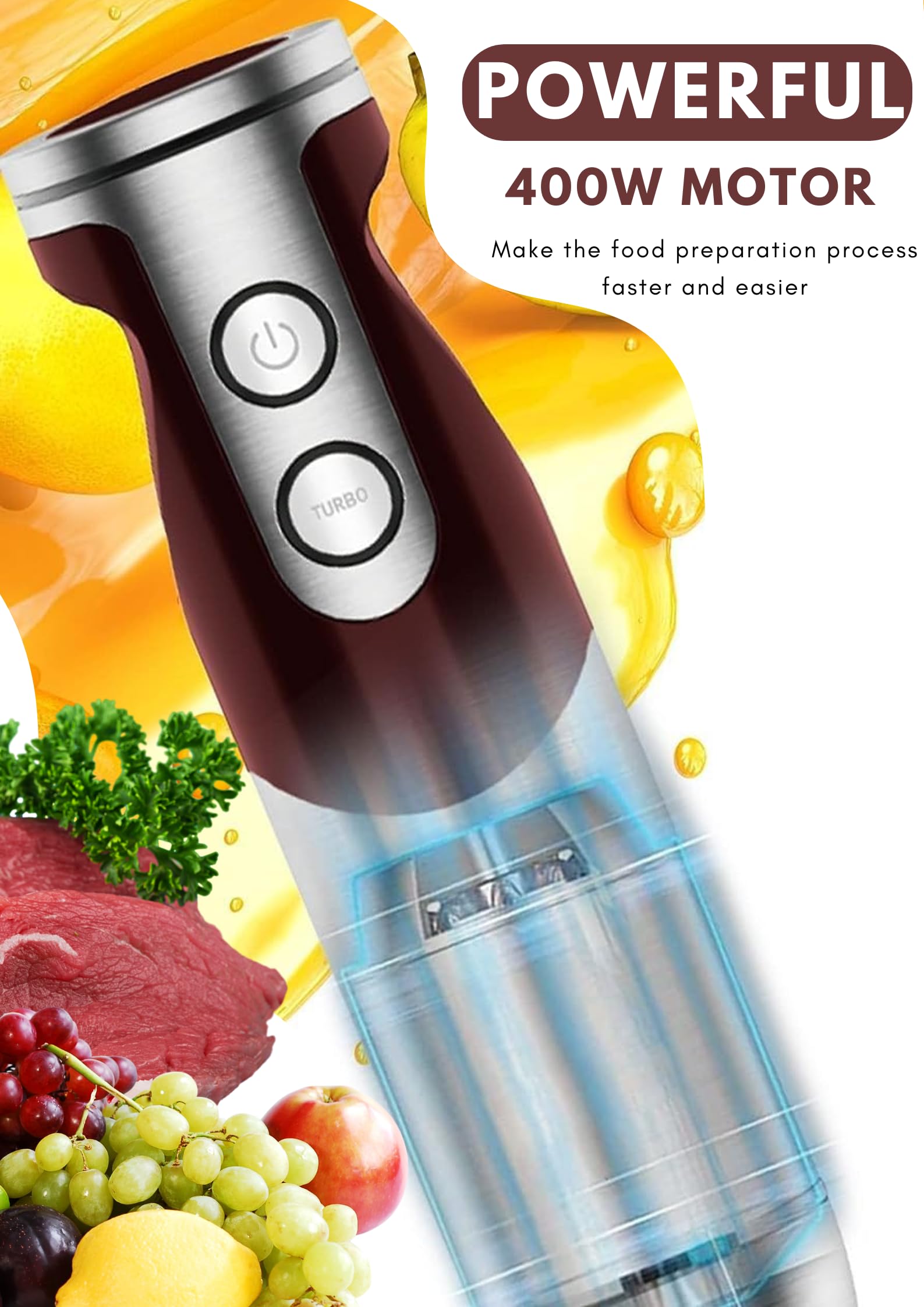 Megawise 3-In-1 Hand Blender Set With Variable Speed Control, 400W Immersion Blender Includes Whisk, Milk Frother, Chopper, And Beaker For Smoothies, Soups, And Baby Food (Red)