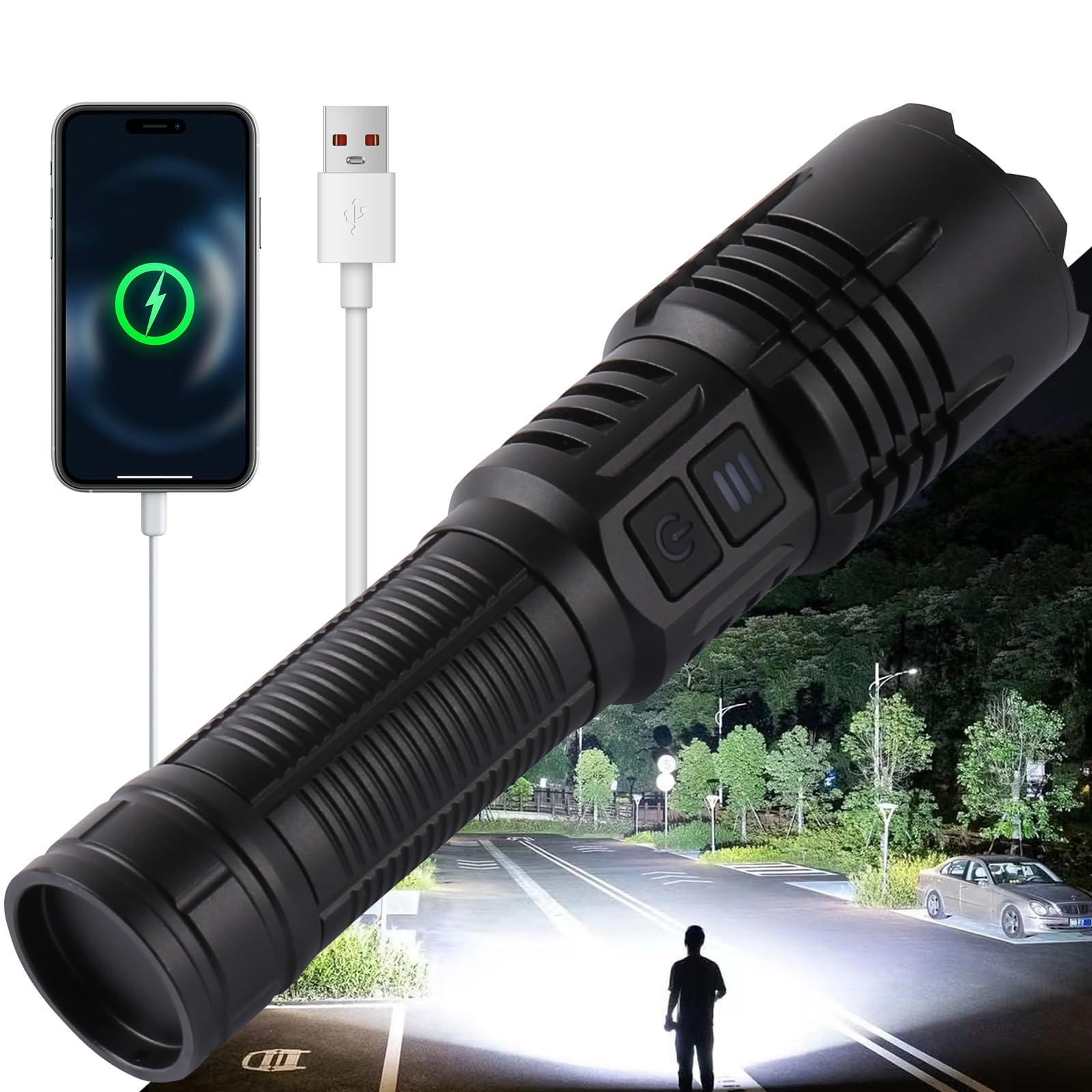 Trliradyn Rechargeable Flashlights 6000 Lumens Zoomable 6 Modes(Uv Lamp), Led Flashlight Usb C, Waterproof Utility Flashlight, 24H Long Life & Strong Flash Light For Emergencies Camping