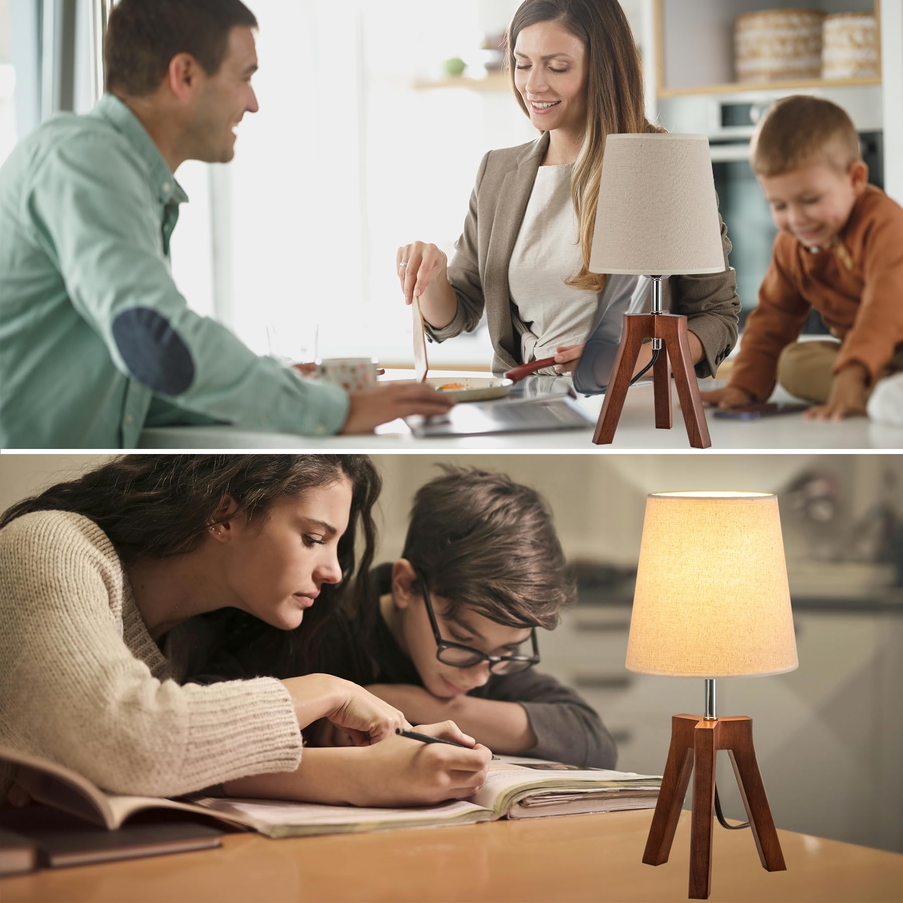 Dreamholder Wood Bedside Table Lamp, Tripod Desk Lamp With On-Off Switch, Nightstand Lamp With Fabric Shade For Reading, Bedroom, Living Room, Office, Walnut Base With Linen Shade(Without Bulb)
