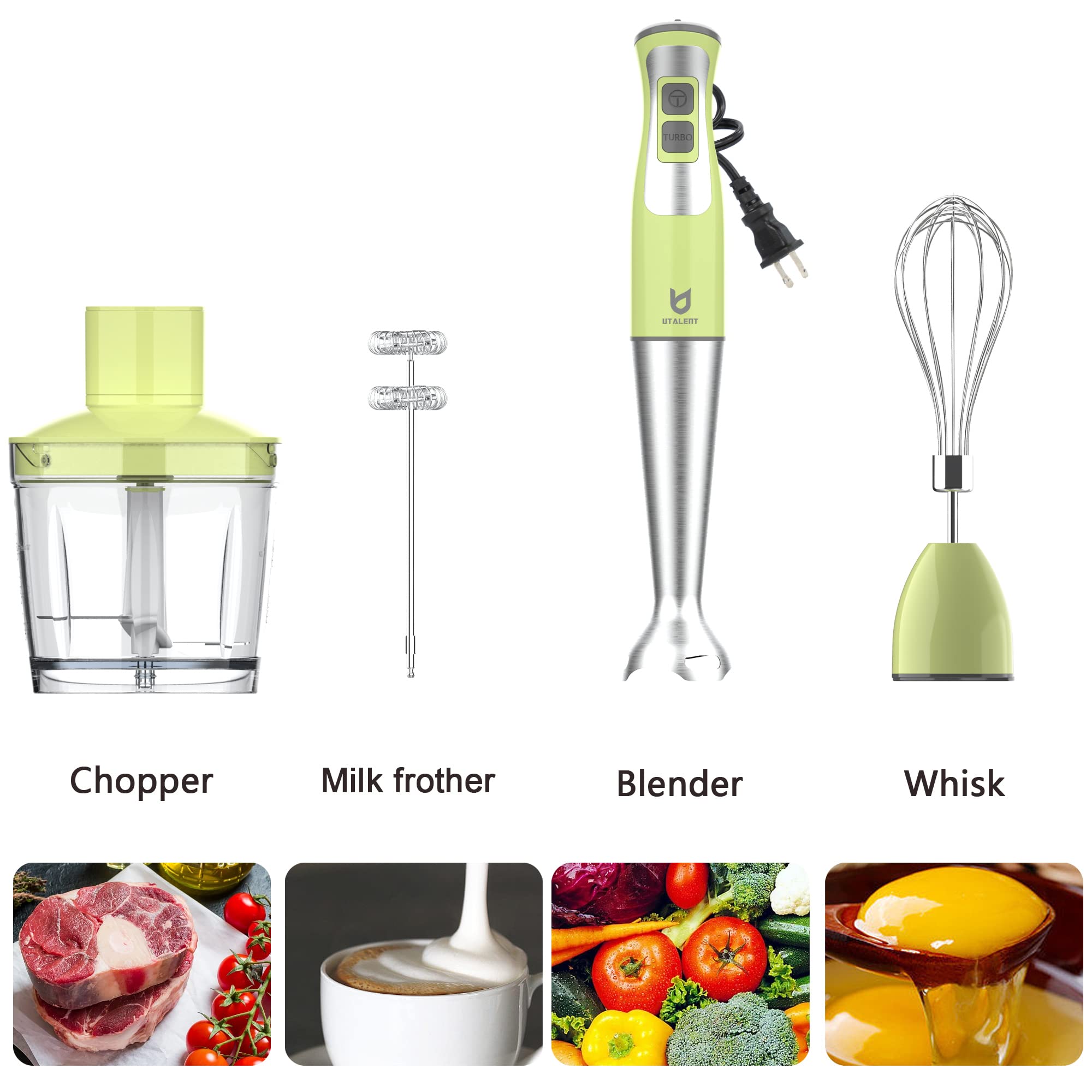 Utalent Immersion Hand Blender, 5-In-1 8-Speed Stick Blender With 500Ml Food Grinder, Bpa-, 600Ml Container,Milk Frother,Egg Whisk,Puree Infant Food, Smoothies, Sauces And Soups Green