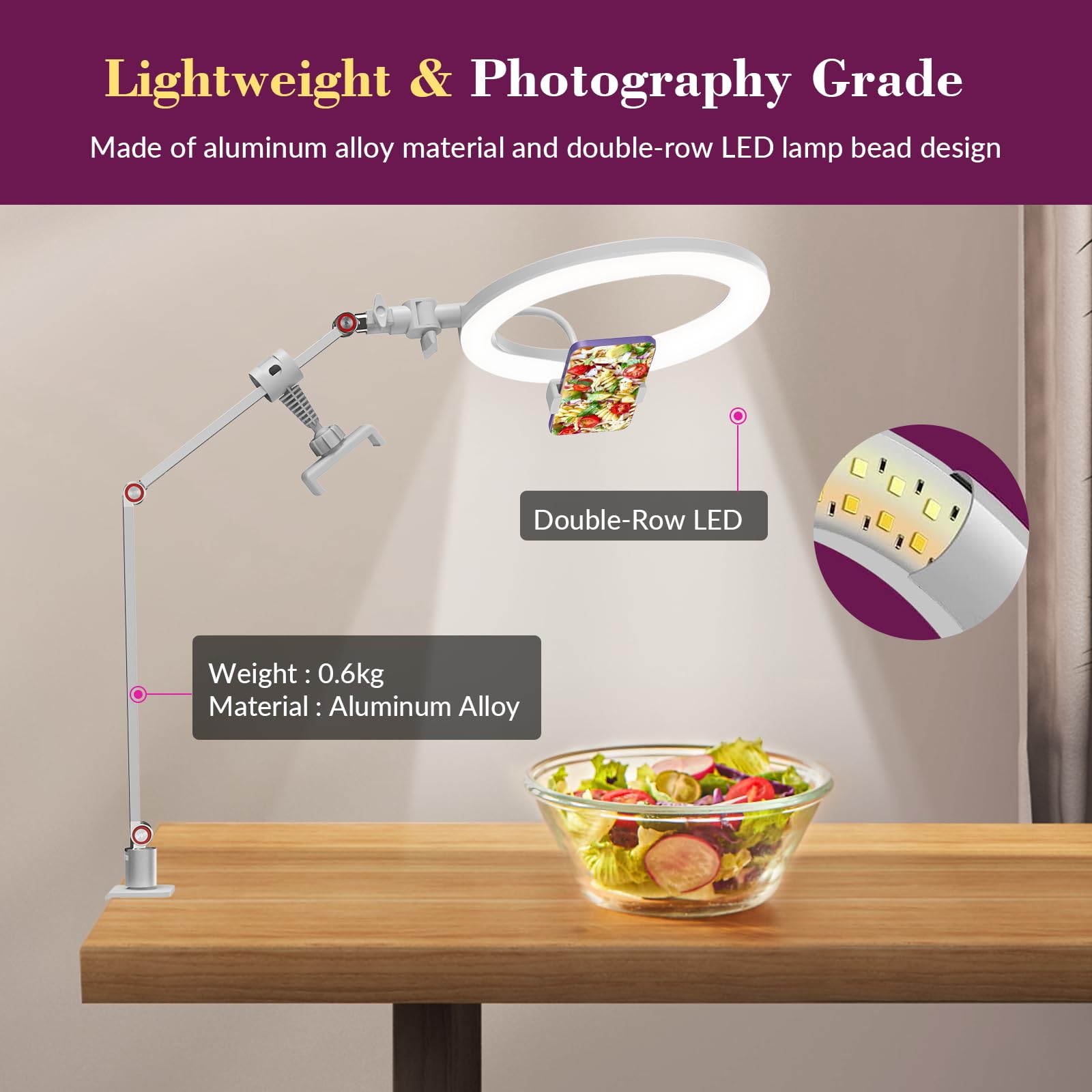 Miao Lab Usb 10' Ring Light For Desk With Stand And Phone Holder, Ring Light With Overhead Camera Mount And Adjustable Desk Arm Stand For Photography,Makeup, Zoom Calls, Youtube Videos（White）