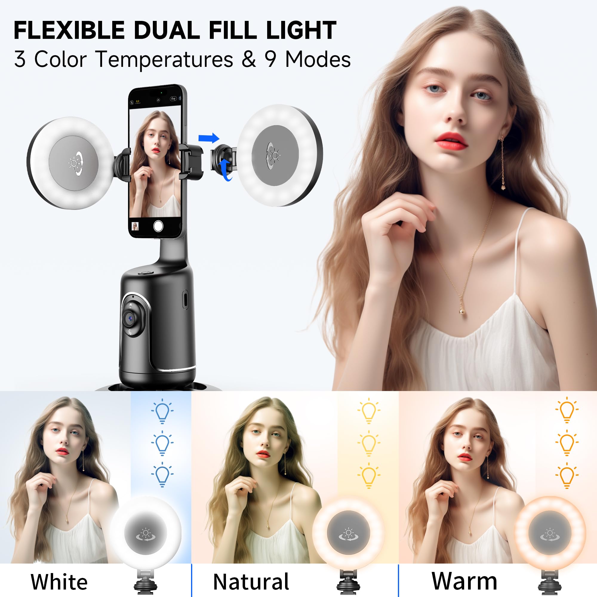 Selfieshow Auto Face Tracking Tripod With 2 Selfie Ring Light, 360° Rotation Face Body Phone Holder Smart Shooting Camera Mount With Remote, Rechargeable Smart Shooting Holder For Vlog, Streaming, Video, Tiktok