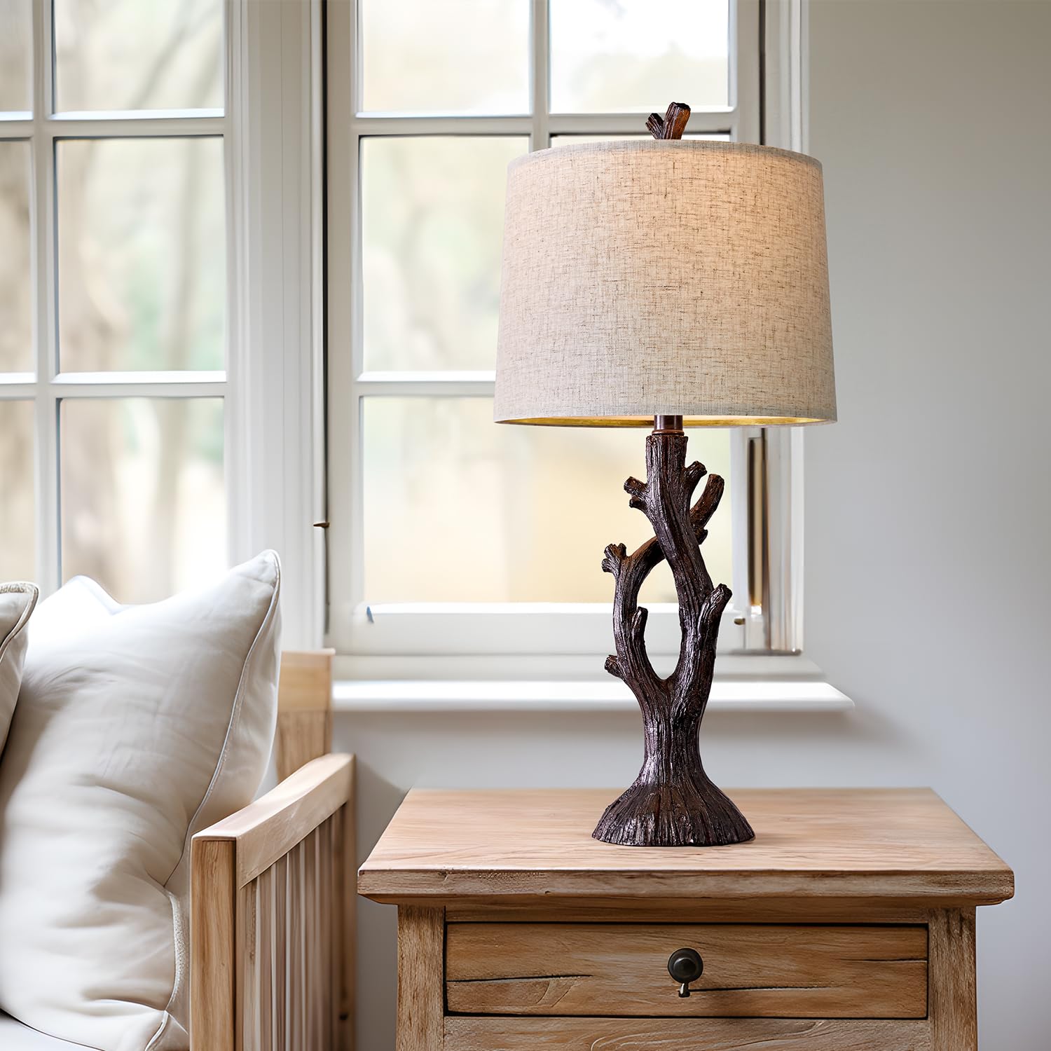 Oyears 25" Farmhouse Table Lamp Set Of 2 For Living Room Bedroom Resin Bedside Tree Lamp Nightstand End Table Lamps Vintage Natural Style