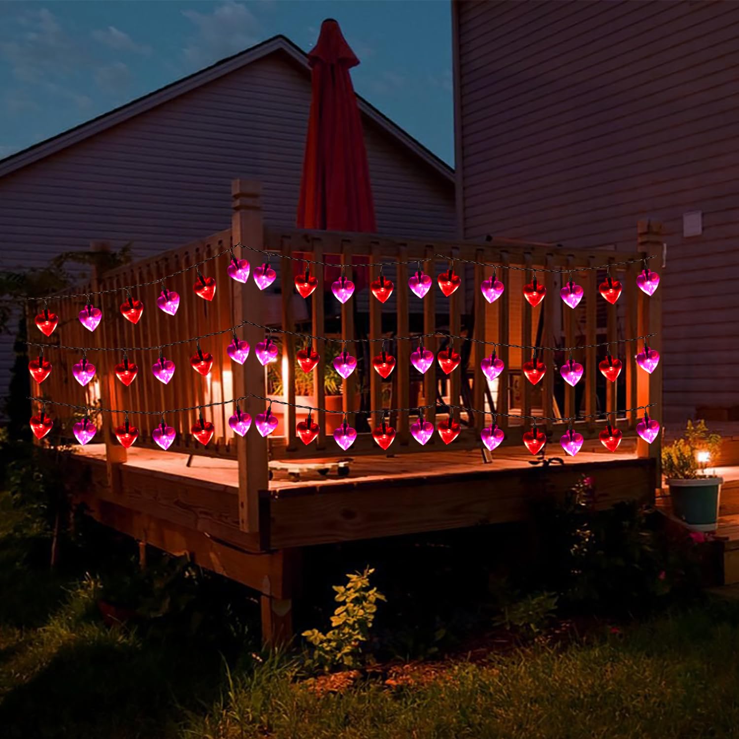 Hugsvik 50Led Solar Heart String Lights, 8 Modes Red Pink Heart Lights For Outdoor Garden Yard Balcony Decor
