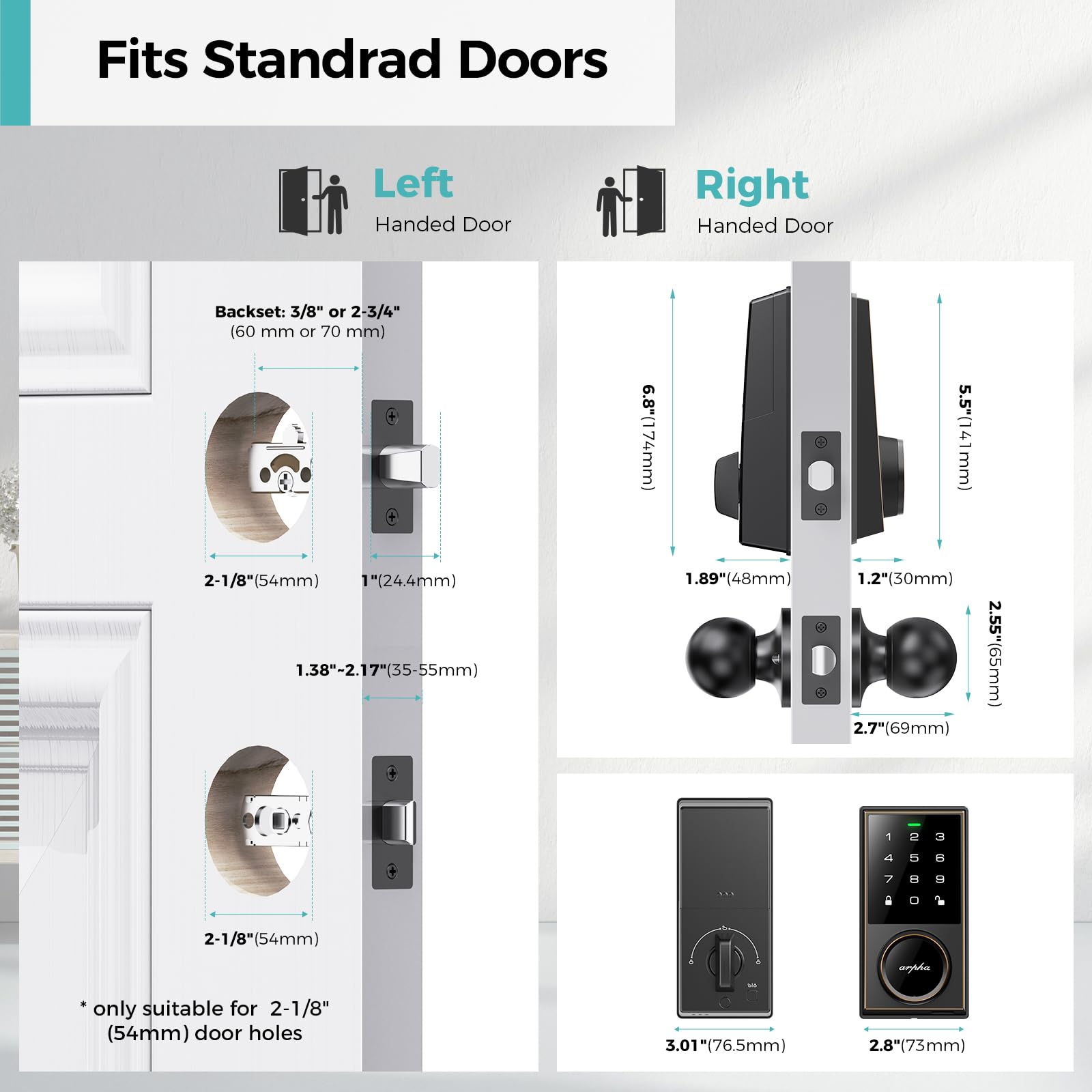Arpha Keyless Entry Door Lock Deadbolt With Handle Set, 5-In-1Electronic Door Locks Deadbolt, 5 Ways To Unlock, 100 User Codes, Auto-Locking, Ip54 Waterproof, Easy To Install