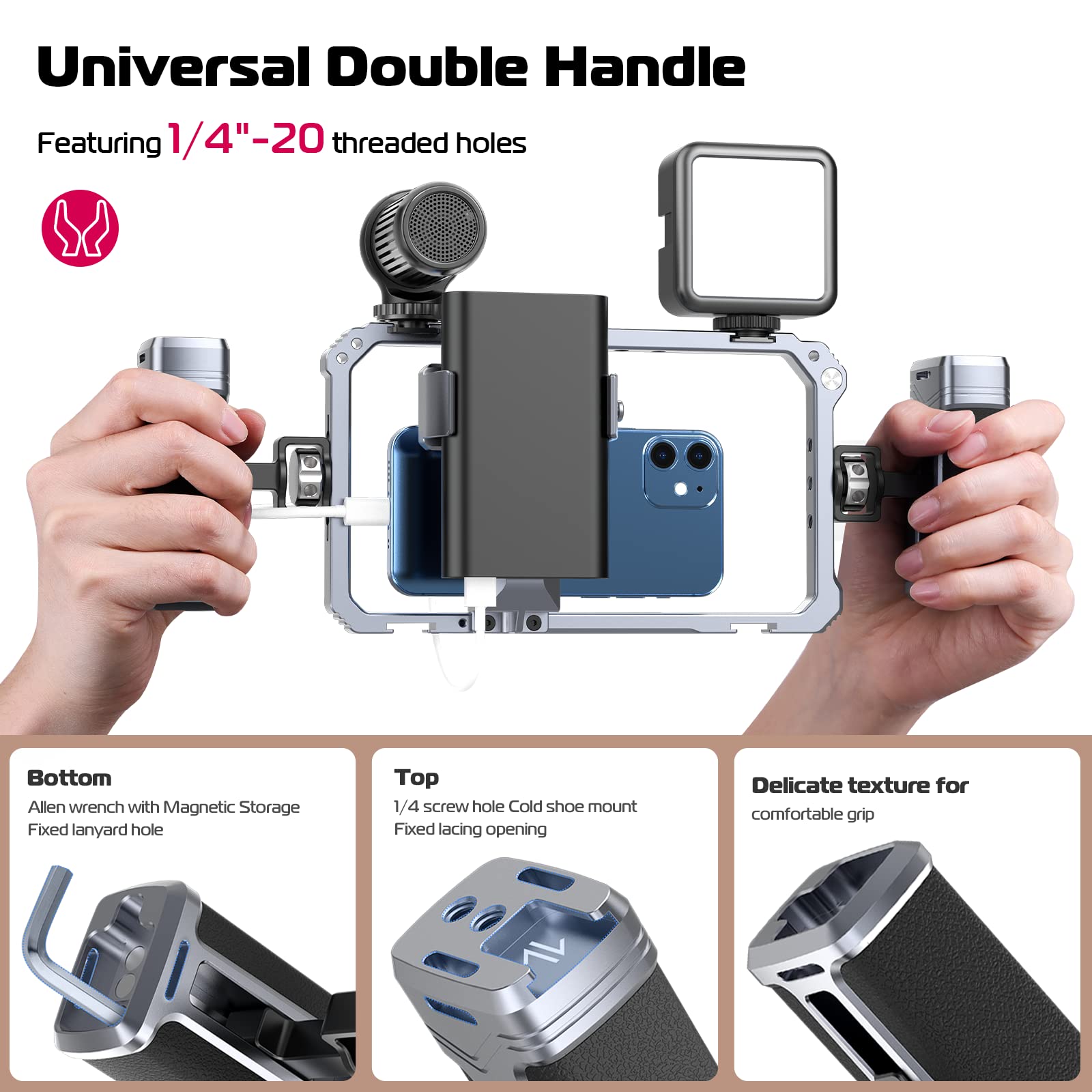 Ulanzi Universal Phone Video Rig Kit With Handles, Aluminum Handheld Stabilizer Phone Video Filmmaking Grip For Video Maker Videographer With Cold Shoe For Iphone 16 15 14 13 Mini Pro Max 8 Plus