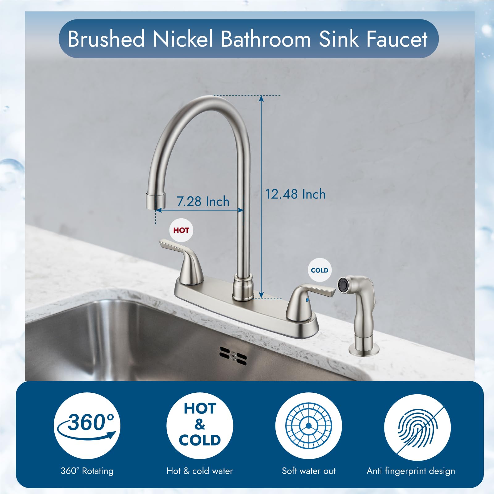 Cinwiny Kitchen Faucet 8 Inch Centerset 2 Handle High-Arc 360 Degree Swivel Spout With Supply Lines,3 Hole Kitchen Sink Faucet With Side Sprayer,Brushed Nickel