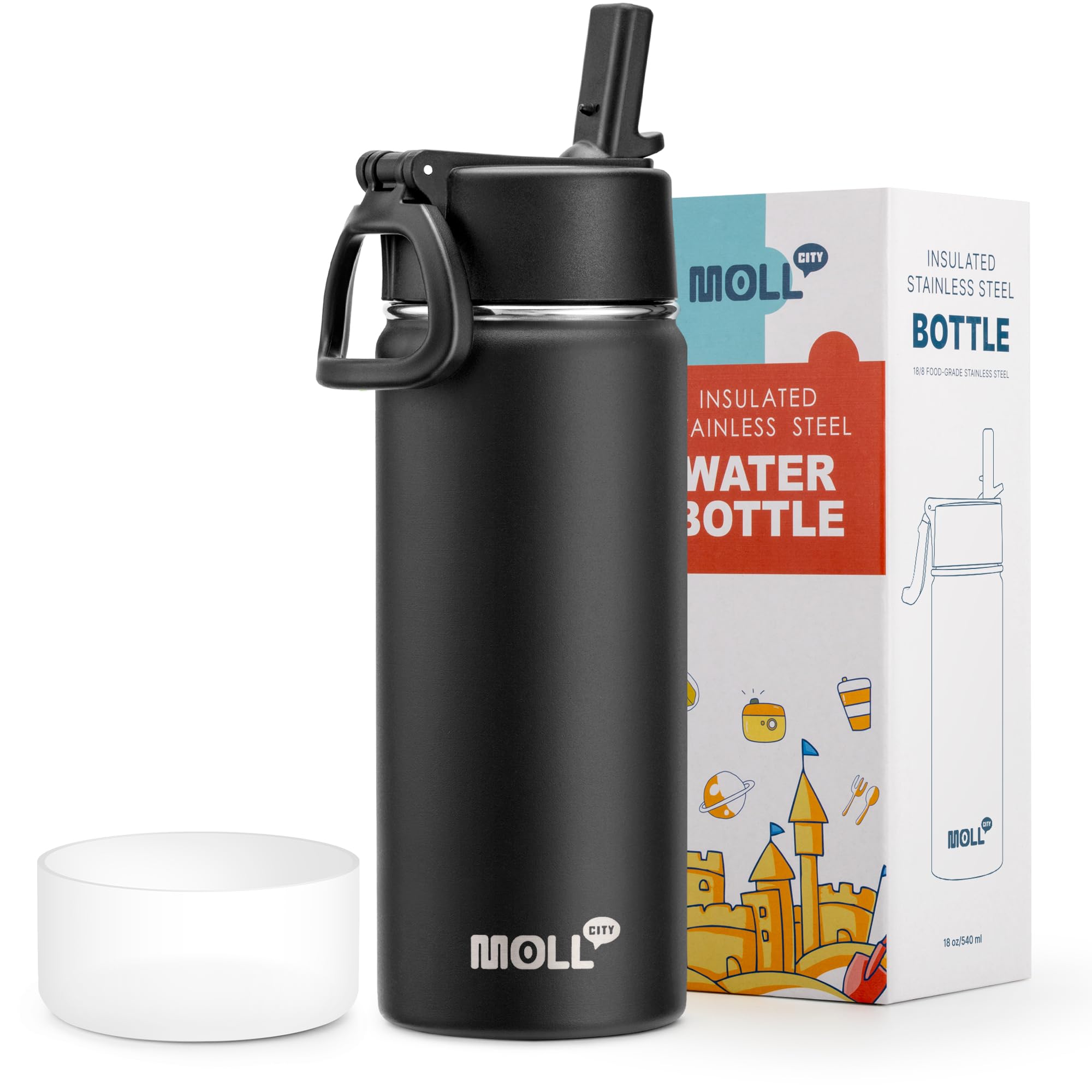 Insulated Water Bottle With Straw-18 Oz Stainless Steel Double Wall Vacuum Wide Mouth Water Bottle