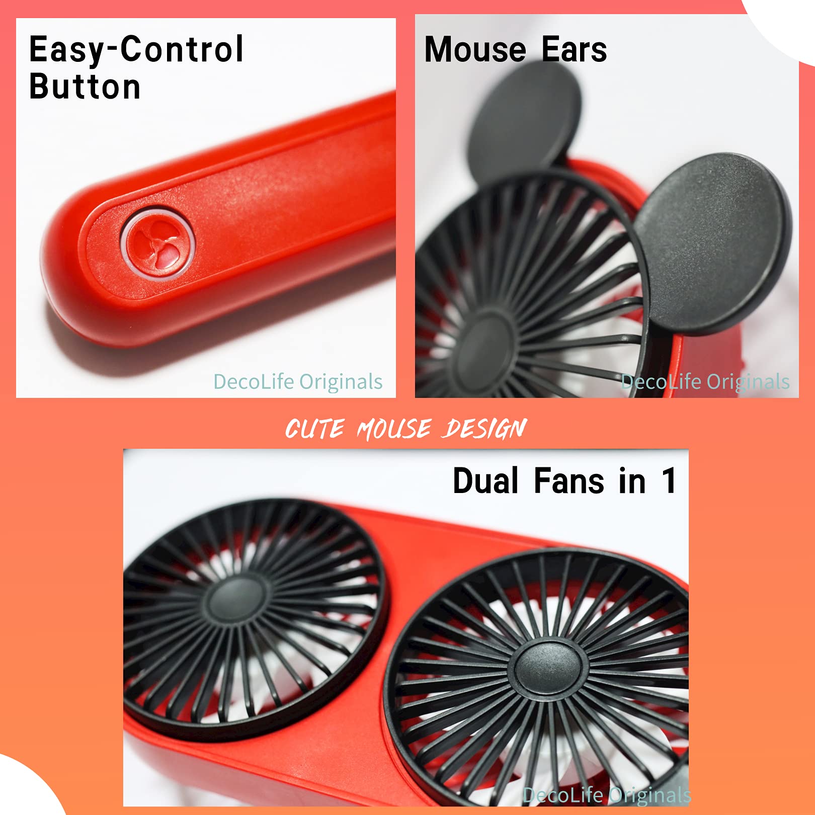 Lacovia Decolife Cute Mouse Foldable Portable Rechargeable Handheld Mini Fan, With Dual Turbo