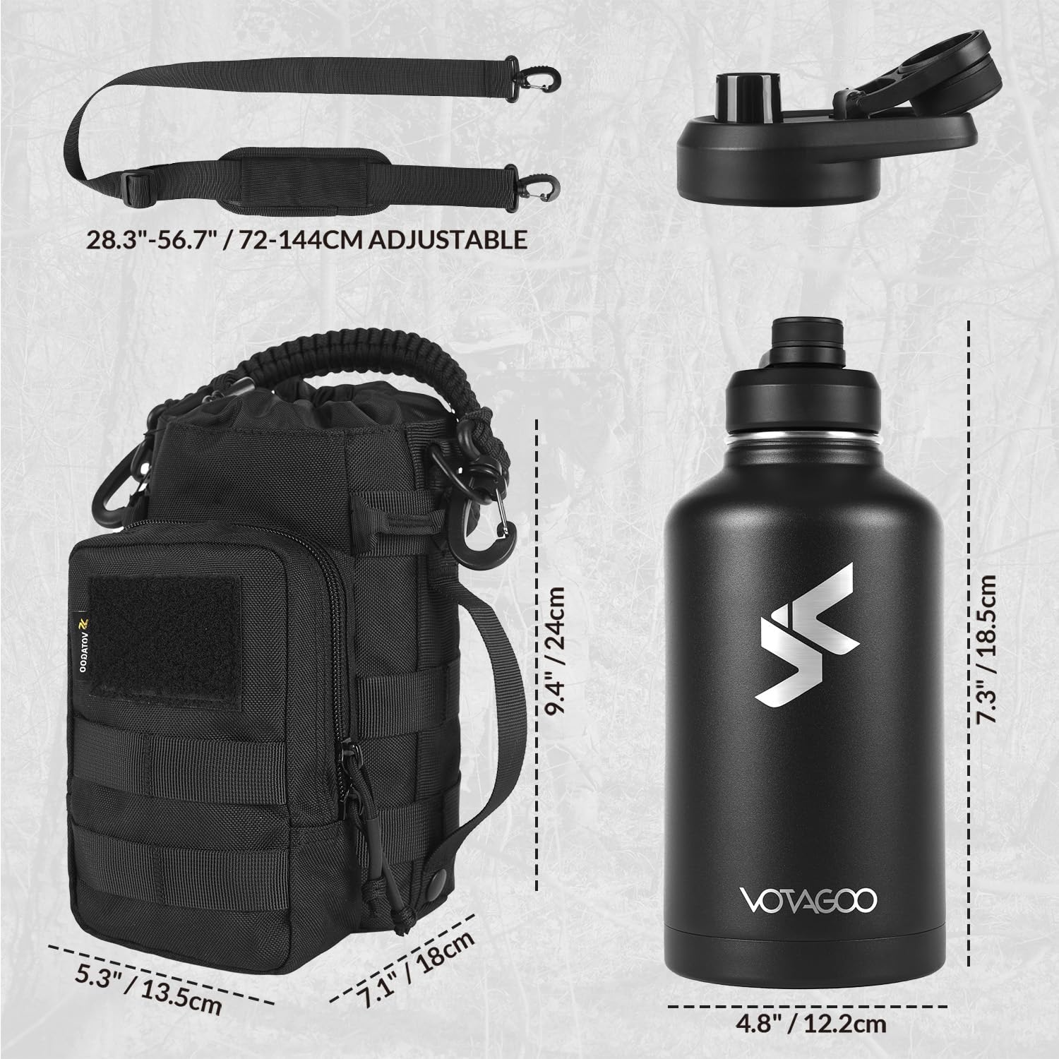 64Oz Tactical Water Bottle - Half Gallon Stainless Steel Insulated Water Bottle, Metal Military