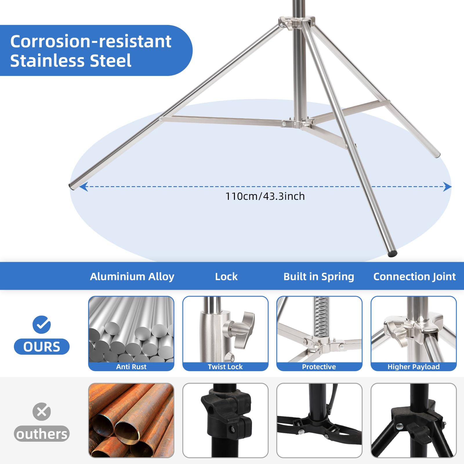 Valband 【13' Heavy Duty 】 Ultra High Camera Sports Tripod Air Cushion Telescopic Stainless Steel Light Stand 1/4 "& 3/8" Screw Adapter, Professional Sky Stainless Steel High Tripod 2 Pack