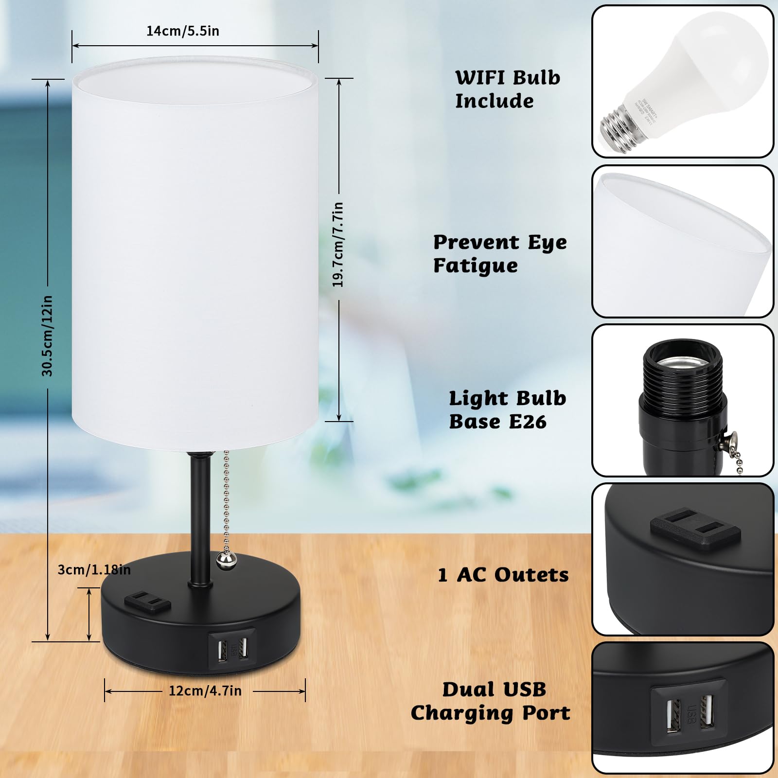 Abboraunt Rgb Smart Bedside Lamp For Bedroom Nightstand Lamp With 2 Usb Port And Outlet, Color Changing Bed Table Lamp With Voice & App Control & Music Sync, Night Stand Wifi Rgb Led Bulb Included