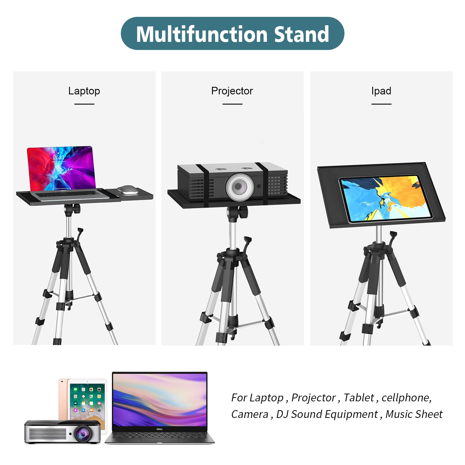 Facilife Projector Tripod - Adjustable Height From 17.6 To 51.4 Inches, Multi-Purpose Portable Stand For Laptop, Dj & More