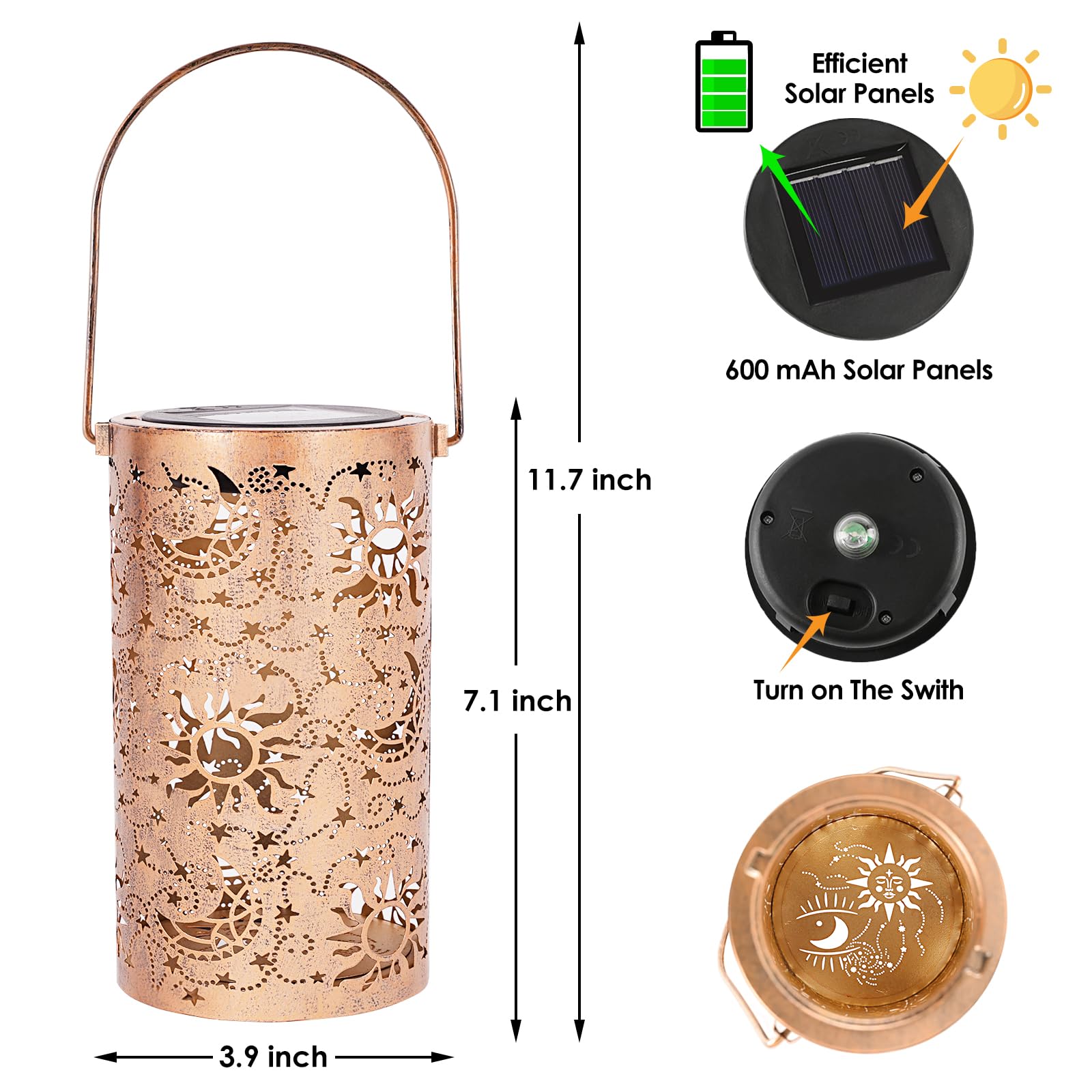 Fabuday Sun Moon Outdoor Solar Lantern Waterproof - Hanging Solar Power Lights Led For Outside, Garden Decor For Patio, Porch, Balcony, Yard And Deck, Stars Decorations  For Women Mom