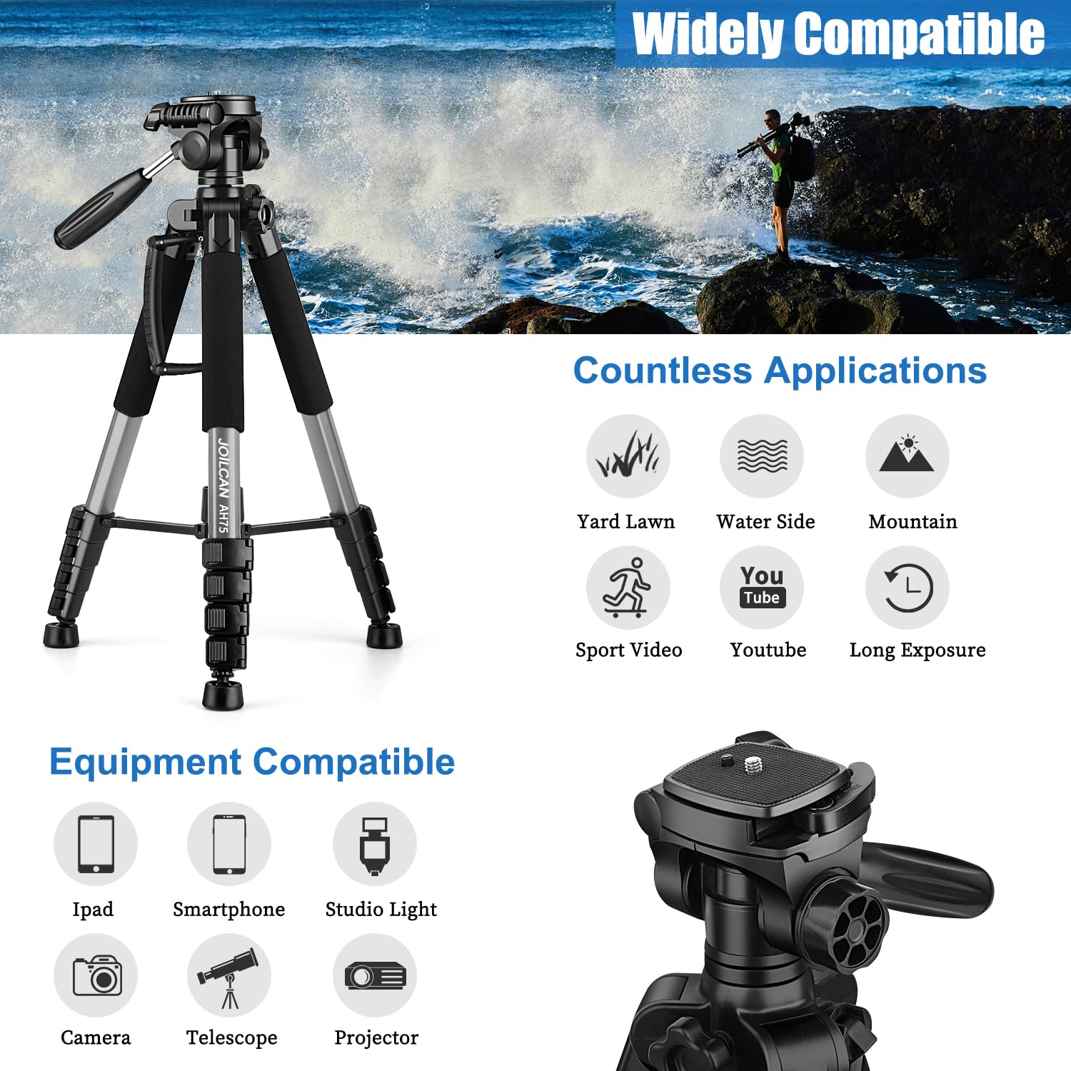 Joilcan Tripod Camera Tripods, 74" Tripod For Camera Cell Phone Video Recording, Heavy Duty Tall Camera Tripod Stand, Professional Travel Dslr Tripods Compatible With Canon Iphone
