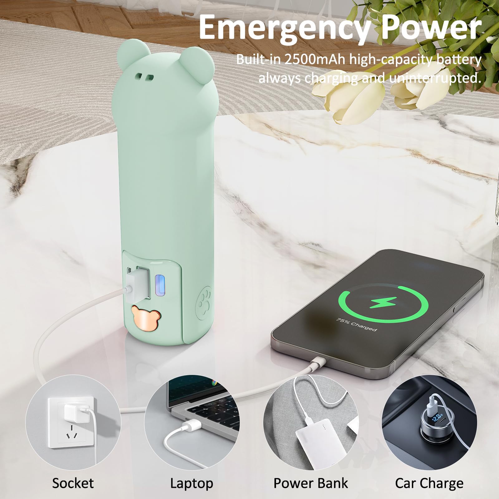 Mini portable fan with power bank, flashlight, and 3-speed settings for camping and travel