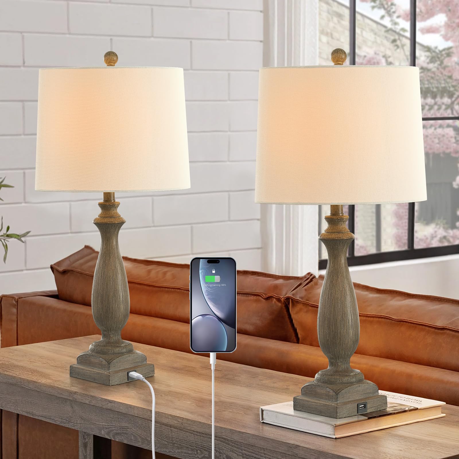 Hightry Rustic Bedside Lamps Set Of 2, 26.6" Table Lamp With Usb Port, 3 Way Dimmable Farmhouse Nightstand Resin Lamp For Bedroom Living Room Office