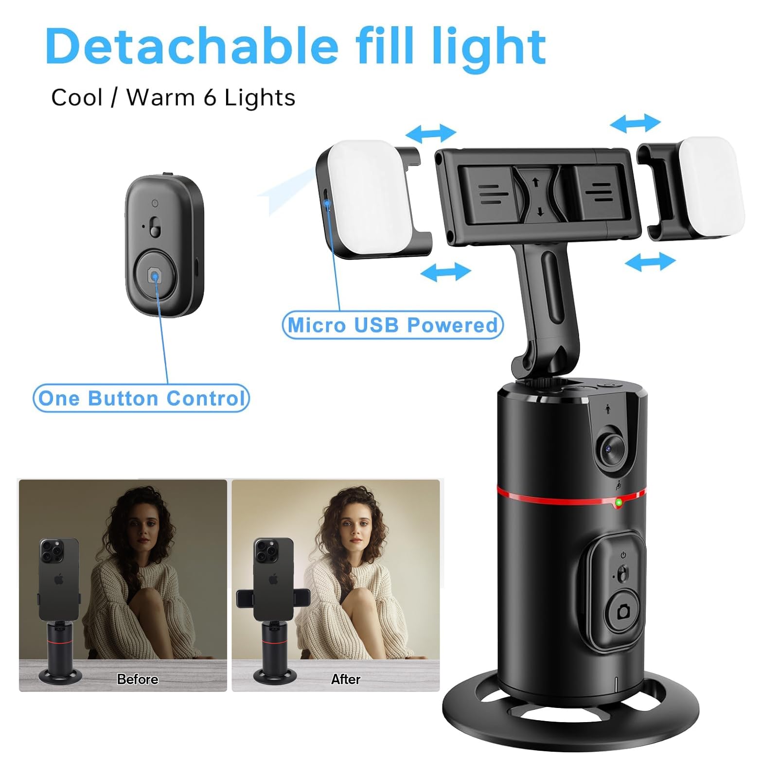 Obscurusly Auto Face Tracking Tripod,360°Rotation Phone Camera Mount Smart Shooting Holder With Remote Selfie Stick,No App,Gesture Control,With 2Pcs Led Light